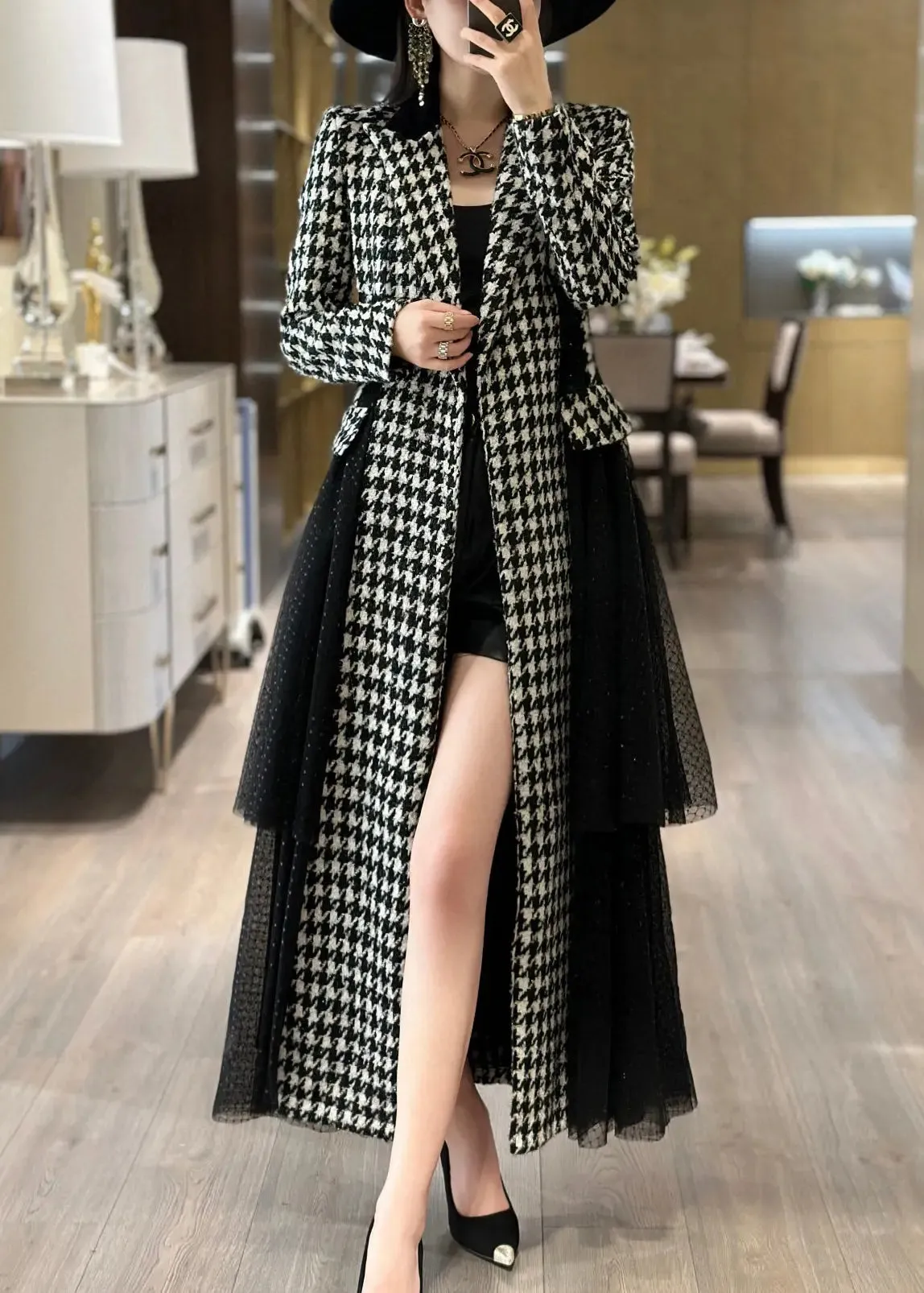 French Plaid Tie Waist Tulle Patchwork Long Trench Coat Fall ML2908