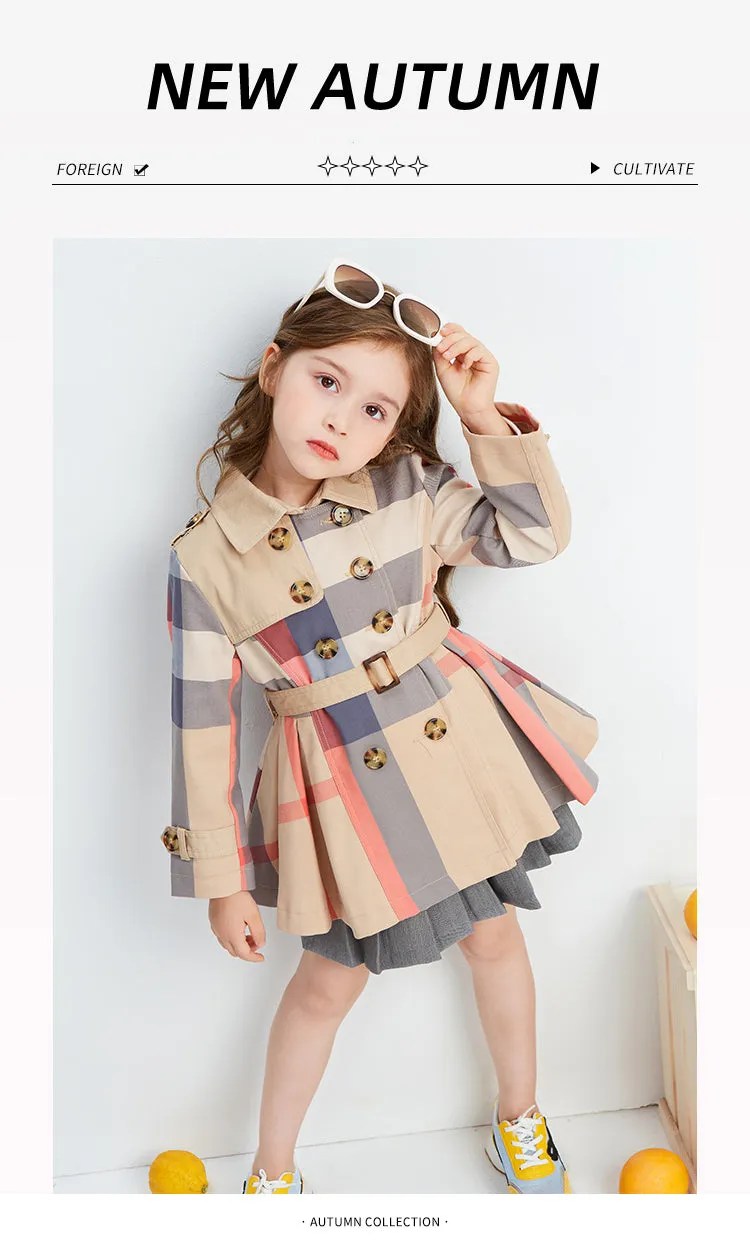 Girl Autumn Winter Teenage Long Sleeve Trench Jacket Kids Double Breasted Belted Windbreaker Coat