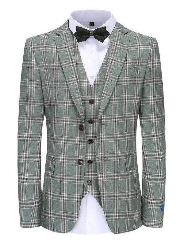 Green Men's Slim-Fit 3PC Check Plaid Suit - Short