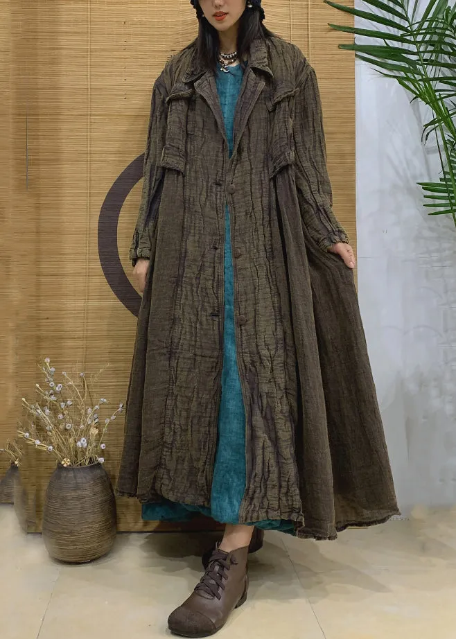 Green Pockets Linen Long Trench Coat Notched Long Sleeve AA1005