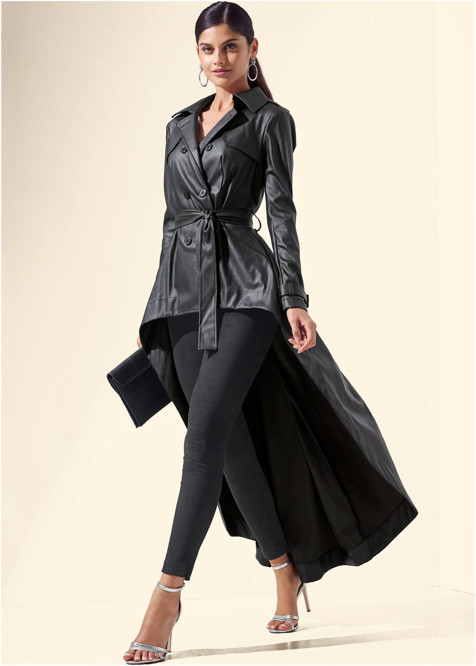 High-Low Faux-Leather Coat - Black