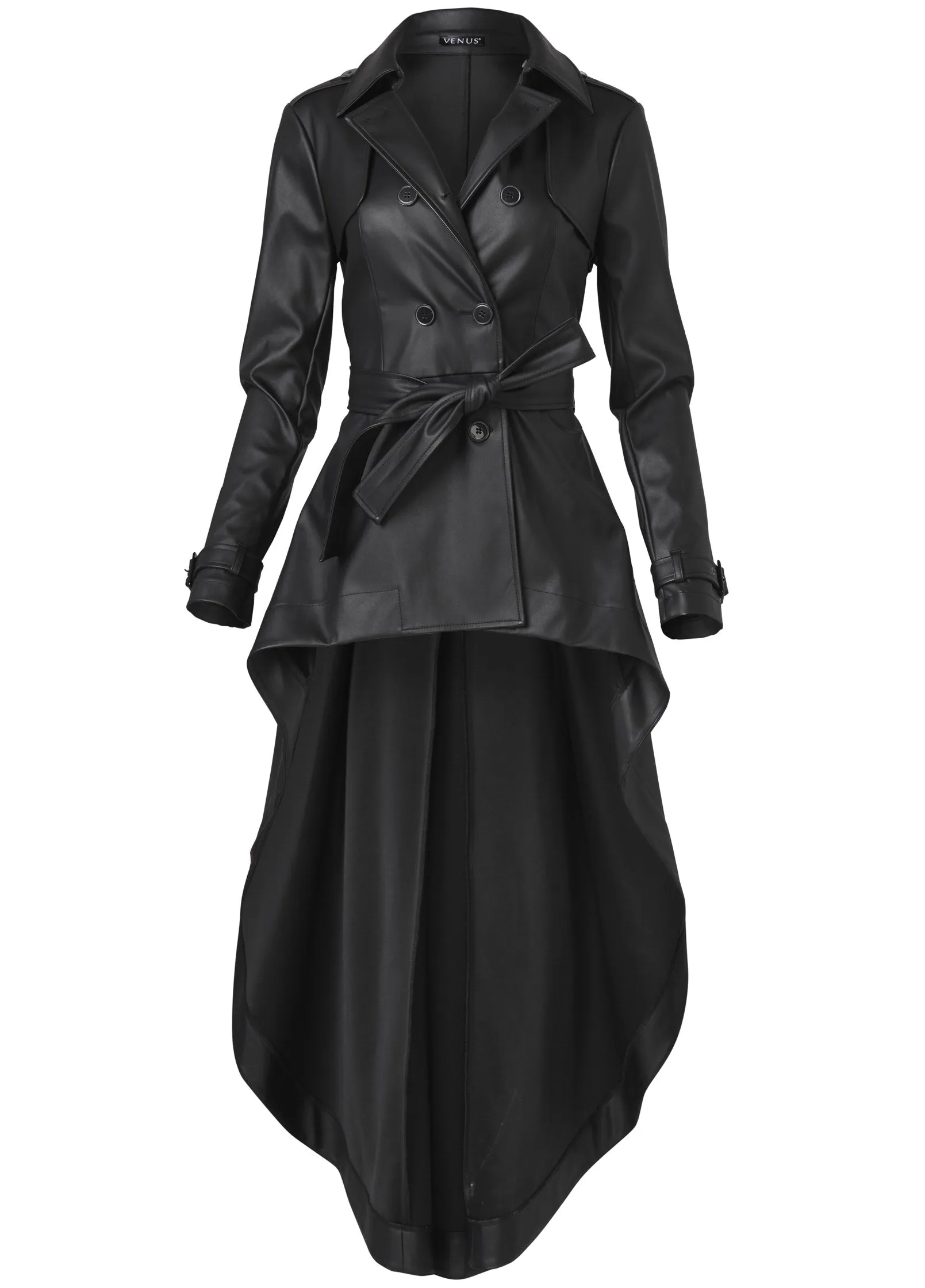 High-Low Faux-Leather Coat - Black