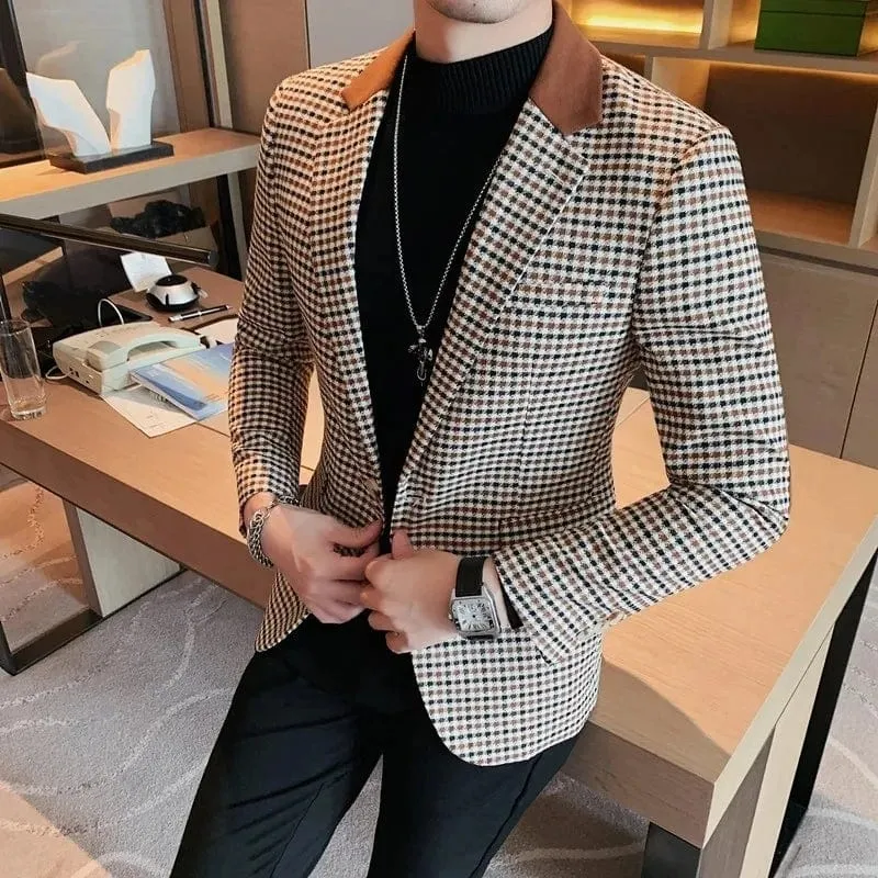 High-Quality Plaid Business Suit Jackets for Men: Slim Fit Luxury Blazers for Office