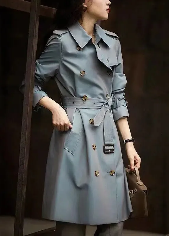 Italian Grey Blue Button Tie Waist Pockets Cotton Trench Coat Fall ML3306