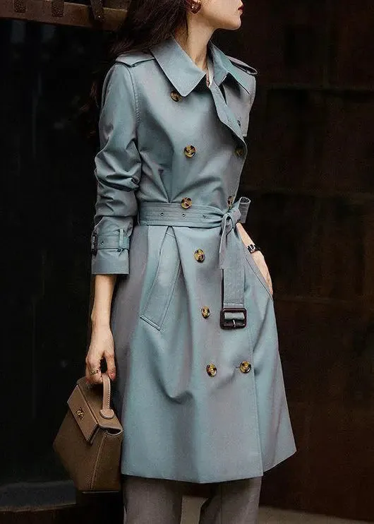 Italian Grey Blue Button Tie Waist Pockets Cotton Trench Coat Fall ML3306