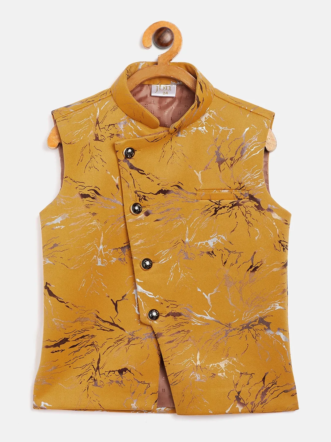 Jashvi Boy's Yellow Scuba Foil Print Nehru Jacket