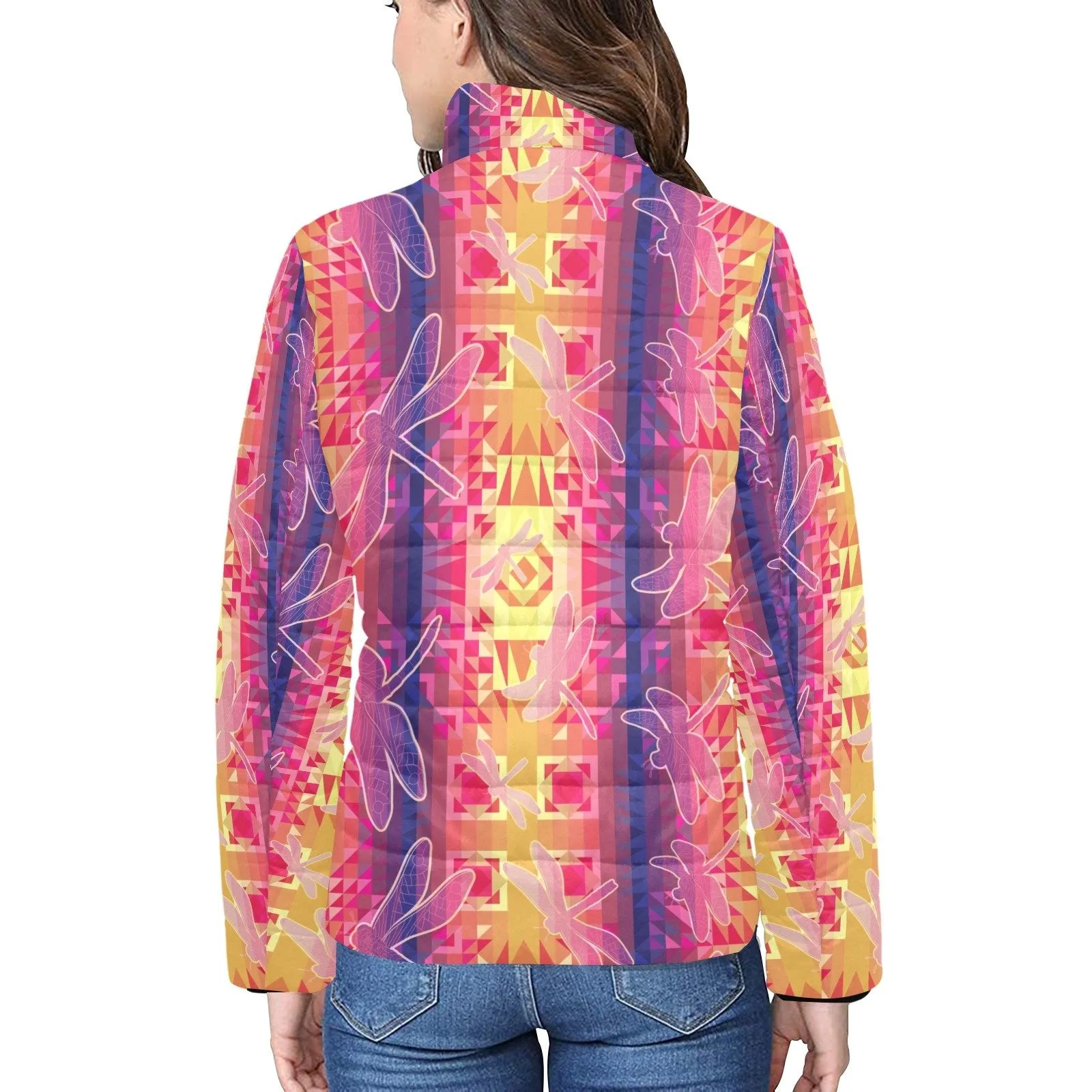 Kaleidoscope Dragonfly Women's Stand Collar Padded Jacket