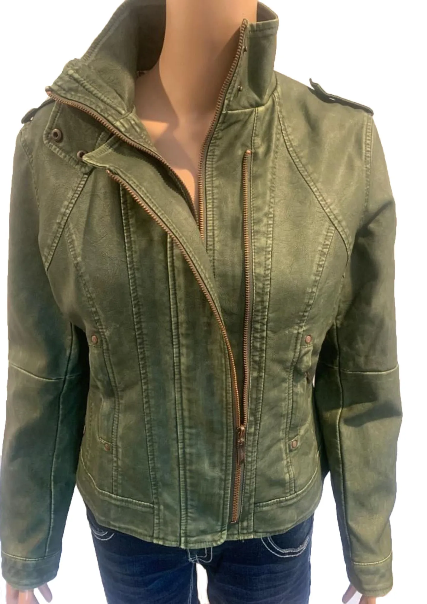 Ladies Leather Jacket - (3B532) GRN/OLV