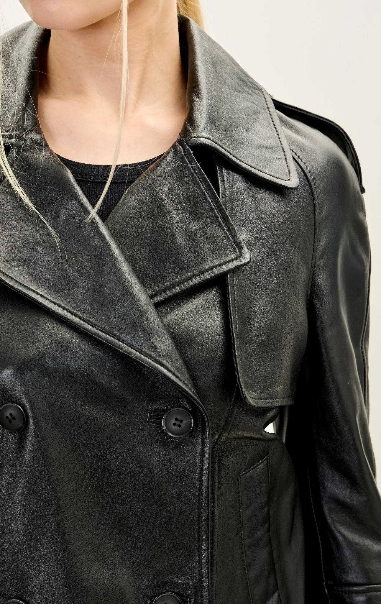 Lambskin Leather Double Breasted Short Trench Jacket - Black