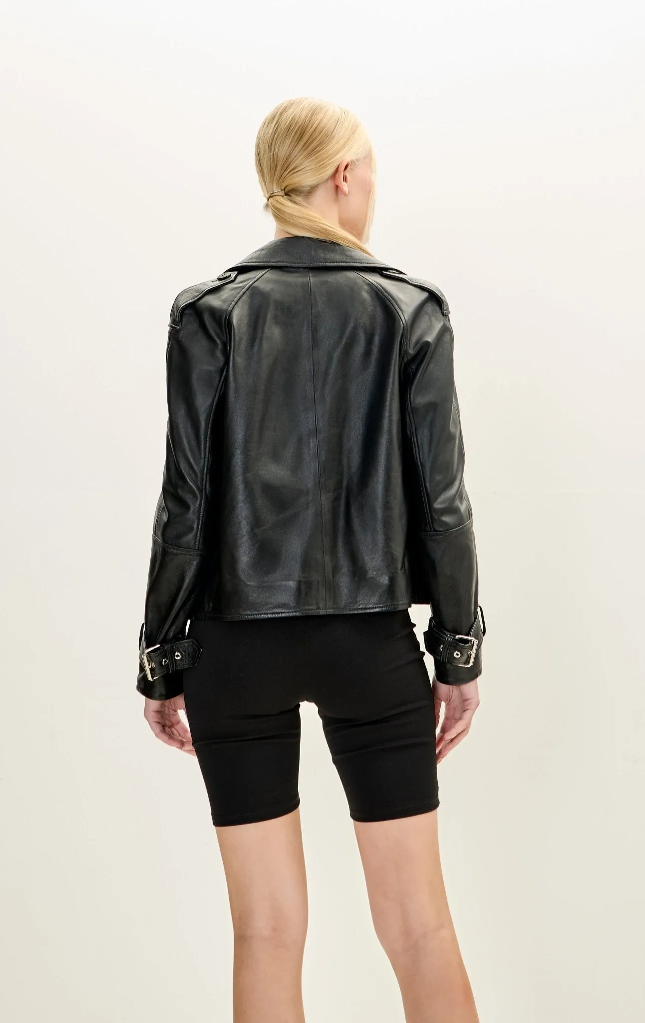 Lambskin Leather Double Breasted Short Trench Jacket - Black