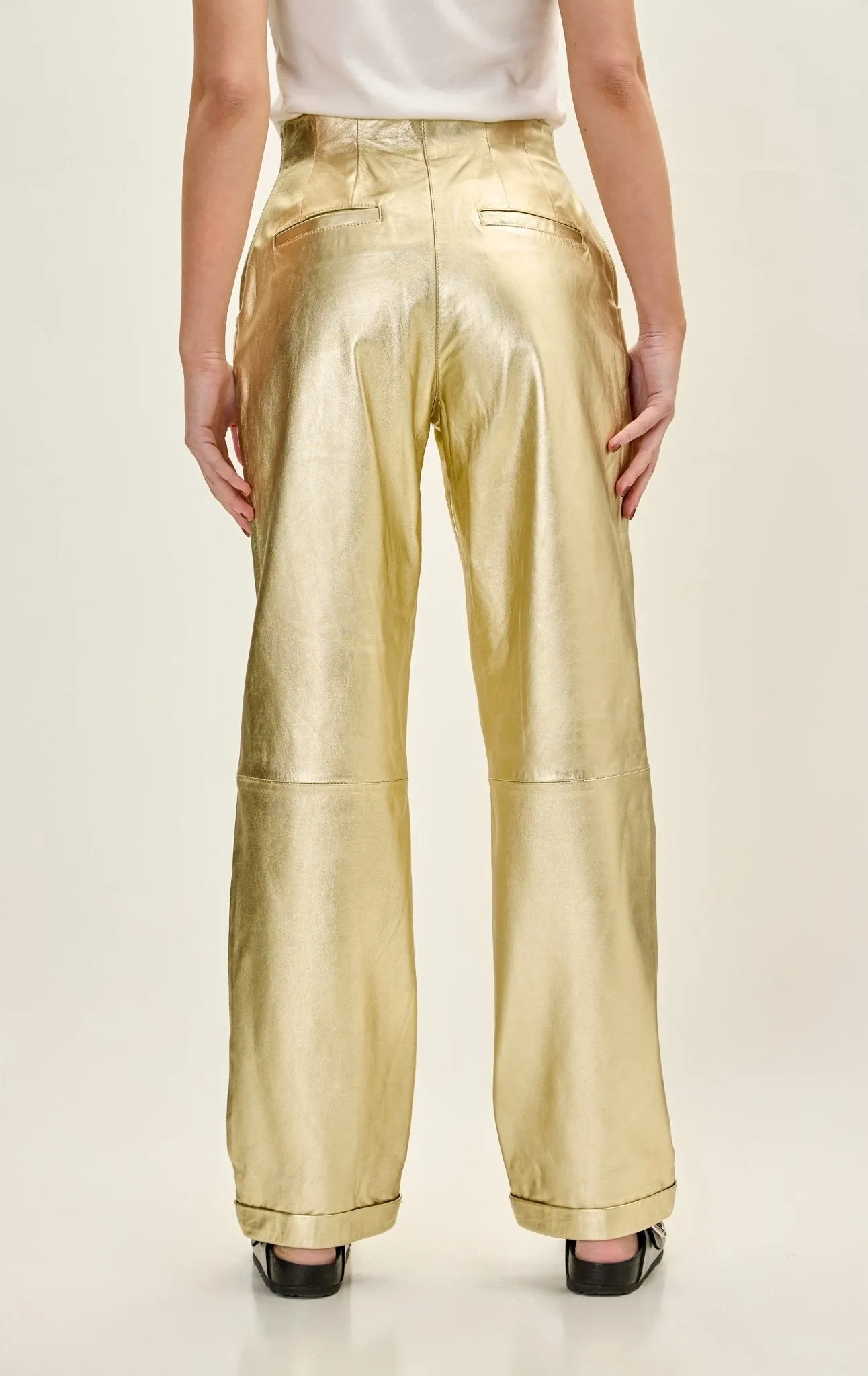 Lambskin Leather High Waist Sleek Trousers - Gold