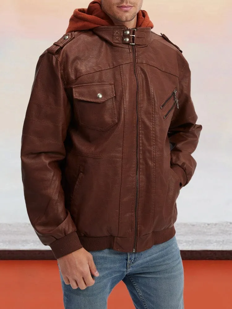 Leather PU Jacket with Removable Hat