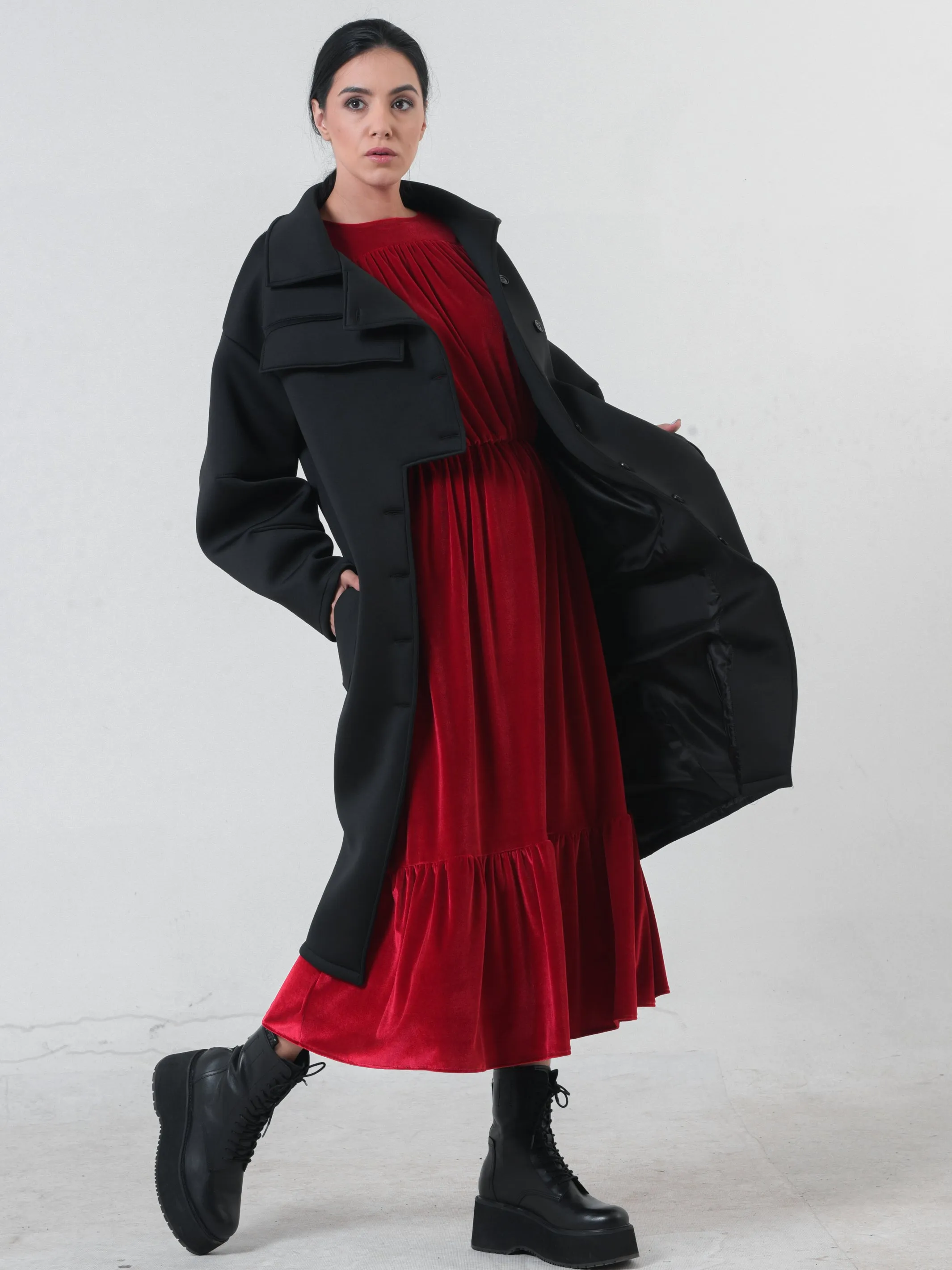 Long Black Neoprene Coat