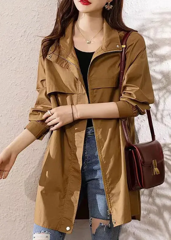 Loose Dark Khaki Hooded Zip Up Patchwork Cotton Trench Coat Fall ML0954