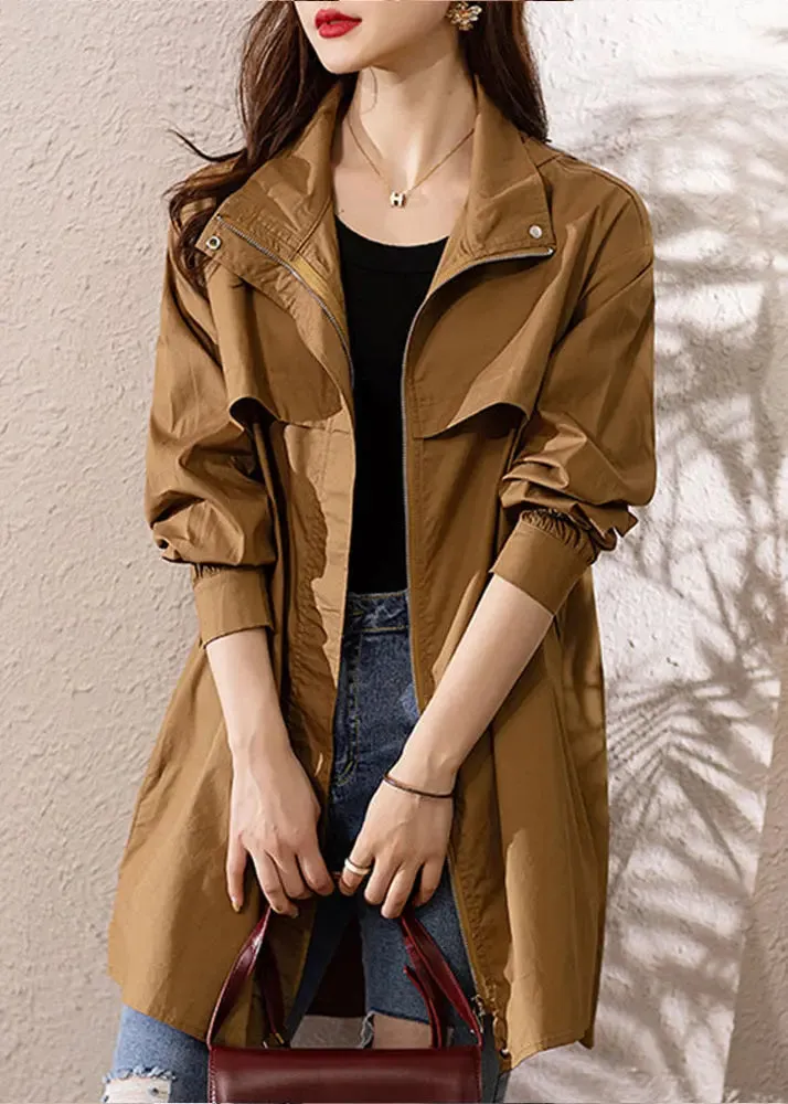 Loose Dark Khaki Hooded Zip Up Patchwork Cotton Trench Coat Fall ML0954