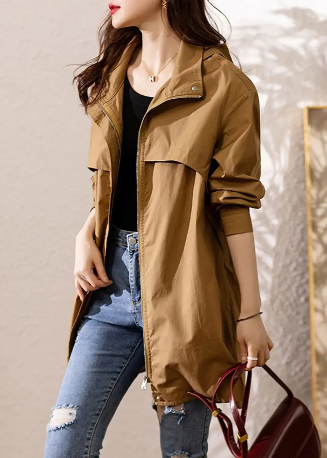 Loose Dark Khaki Hooded Zip Up Patchwork Cotton Trench Coat Fall ML0954