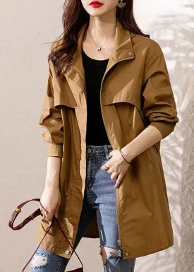 Loose Dark Khaki Hooded Zip Up Patchwork Cotton Trench Coat Fall ML0954