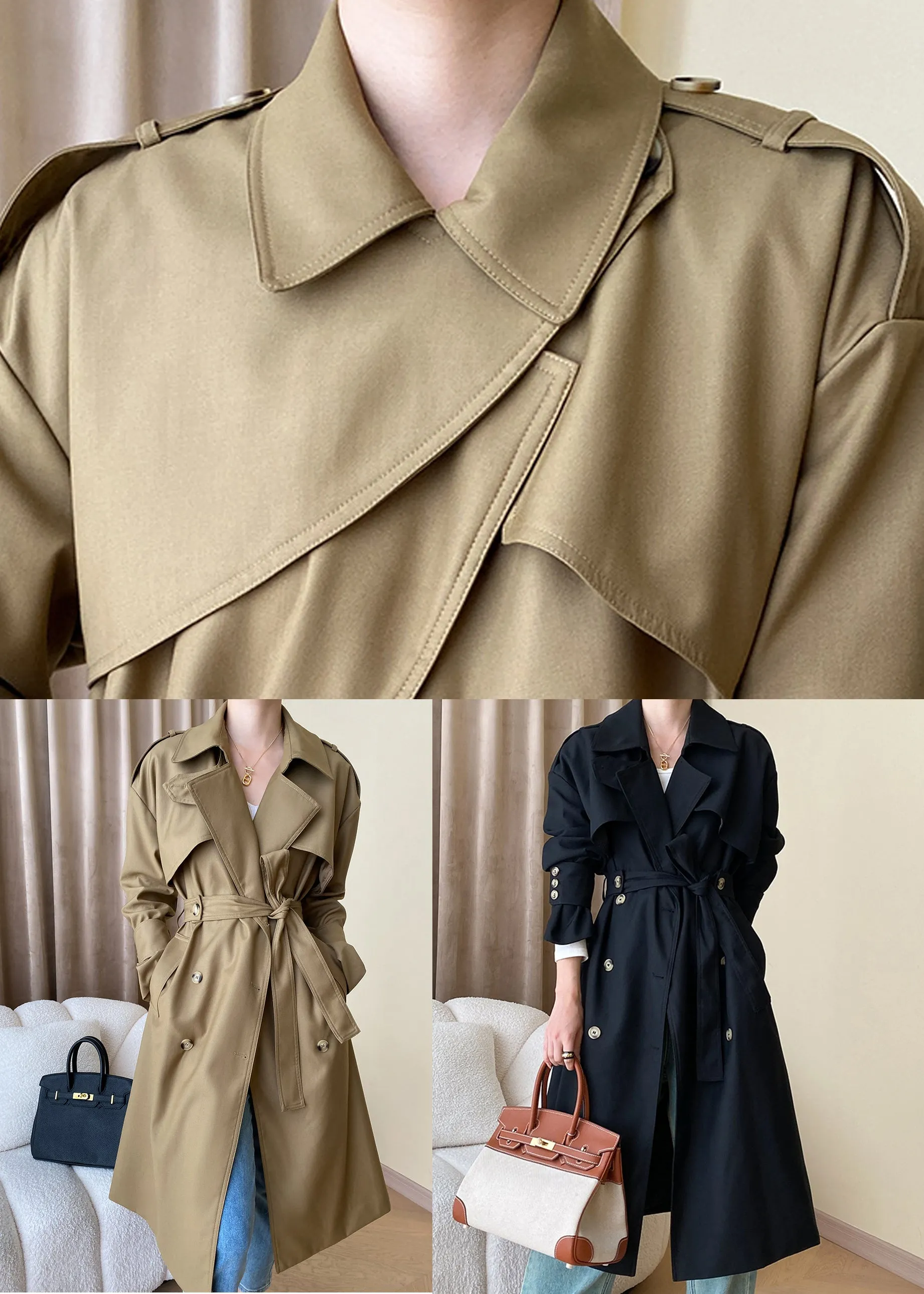 Loose Khaki Pockets Tie Waist Cotton Trench Coat Long Sleeve AF1093