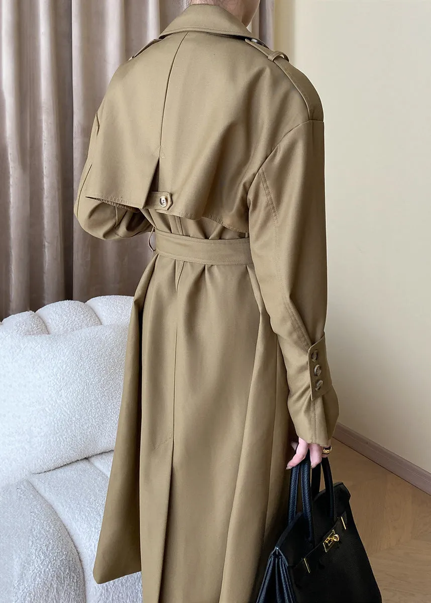 Loose Khaki Pockets Tie Waist Cotton Trench Coat Long Sleeve AF1093