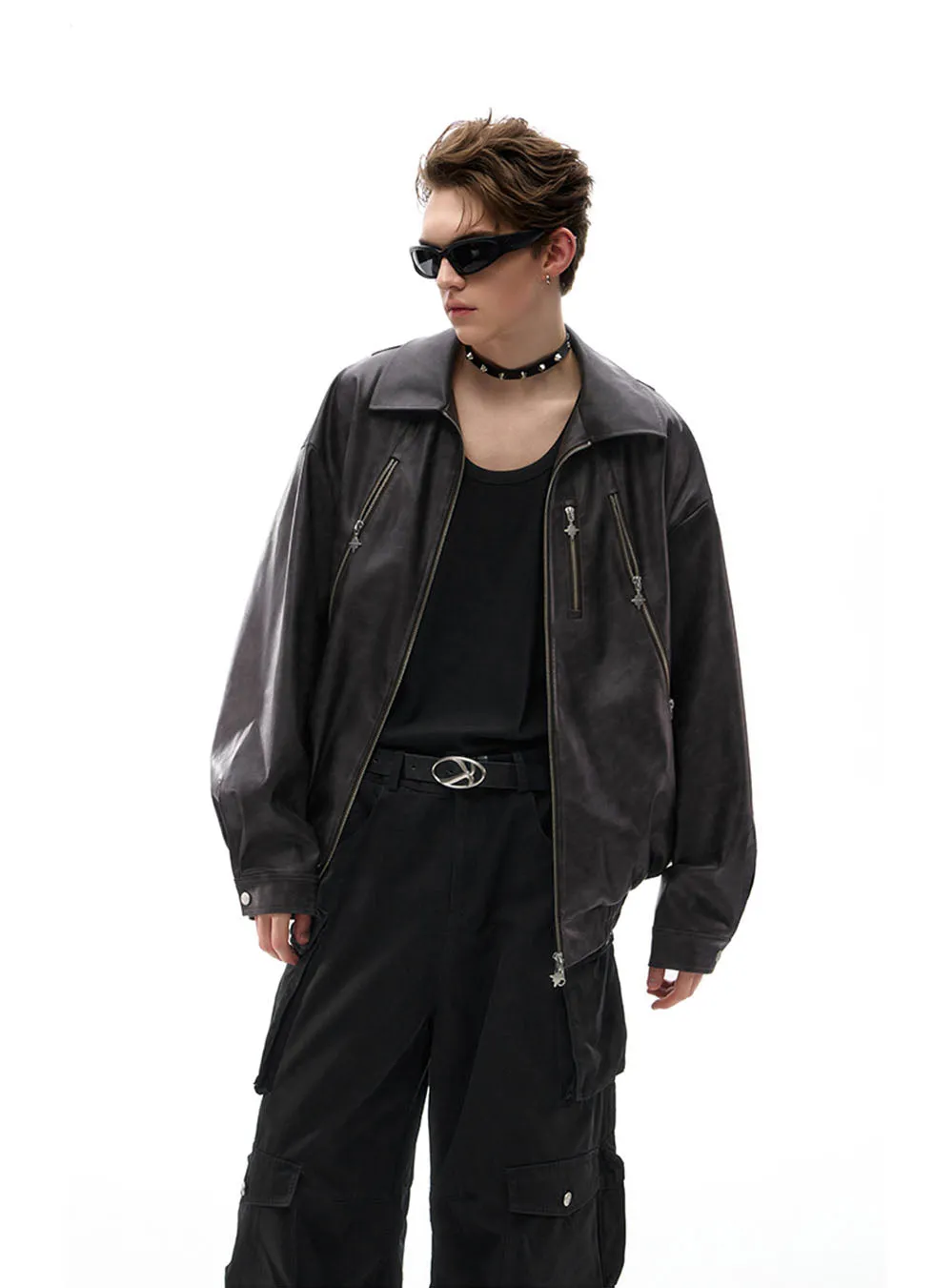 Loose lapel leather jacket