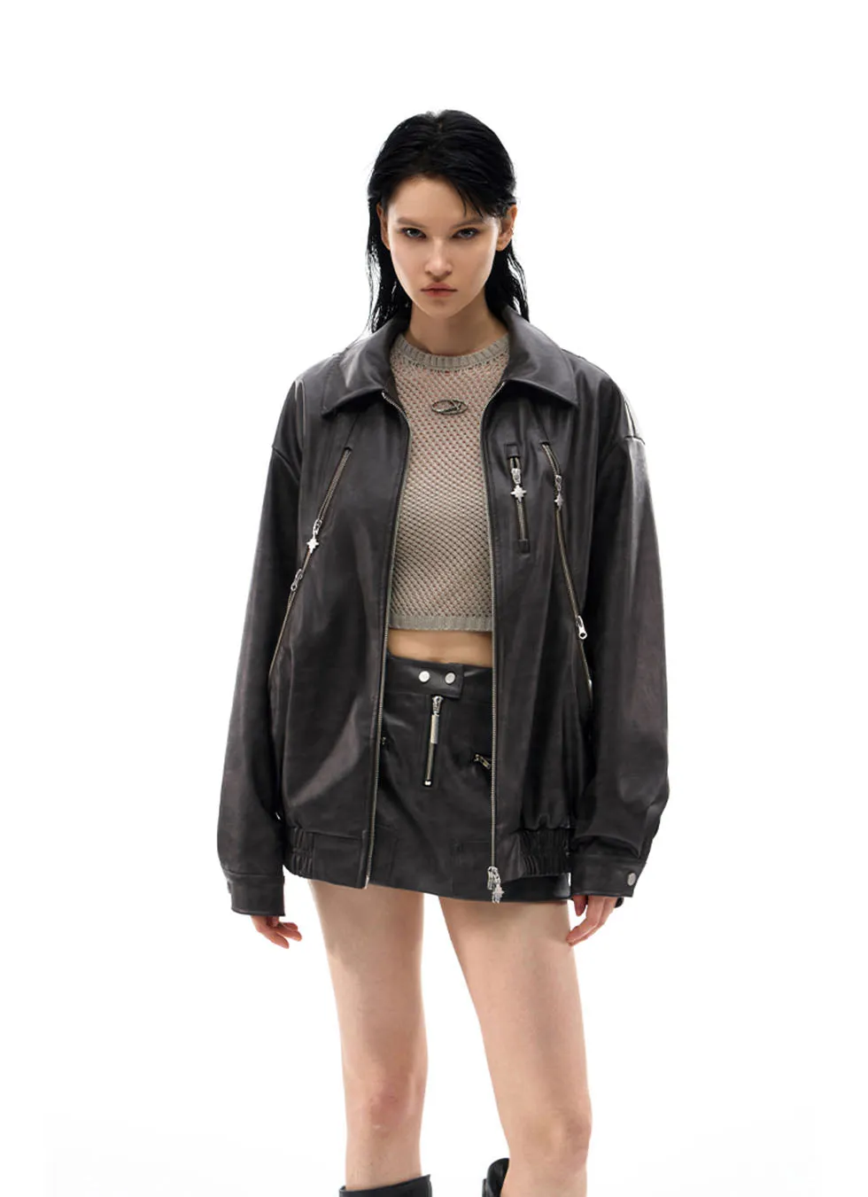 Loose lapel leather jacket