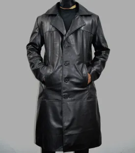 Men's Black Long Genuine Leather Buttoned Casual Trench Coat