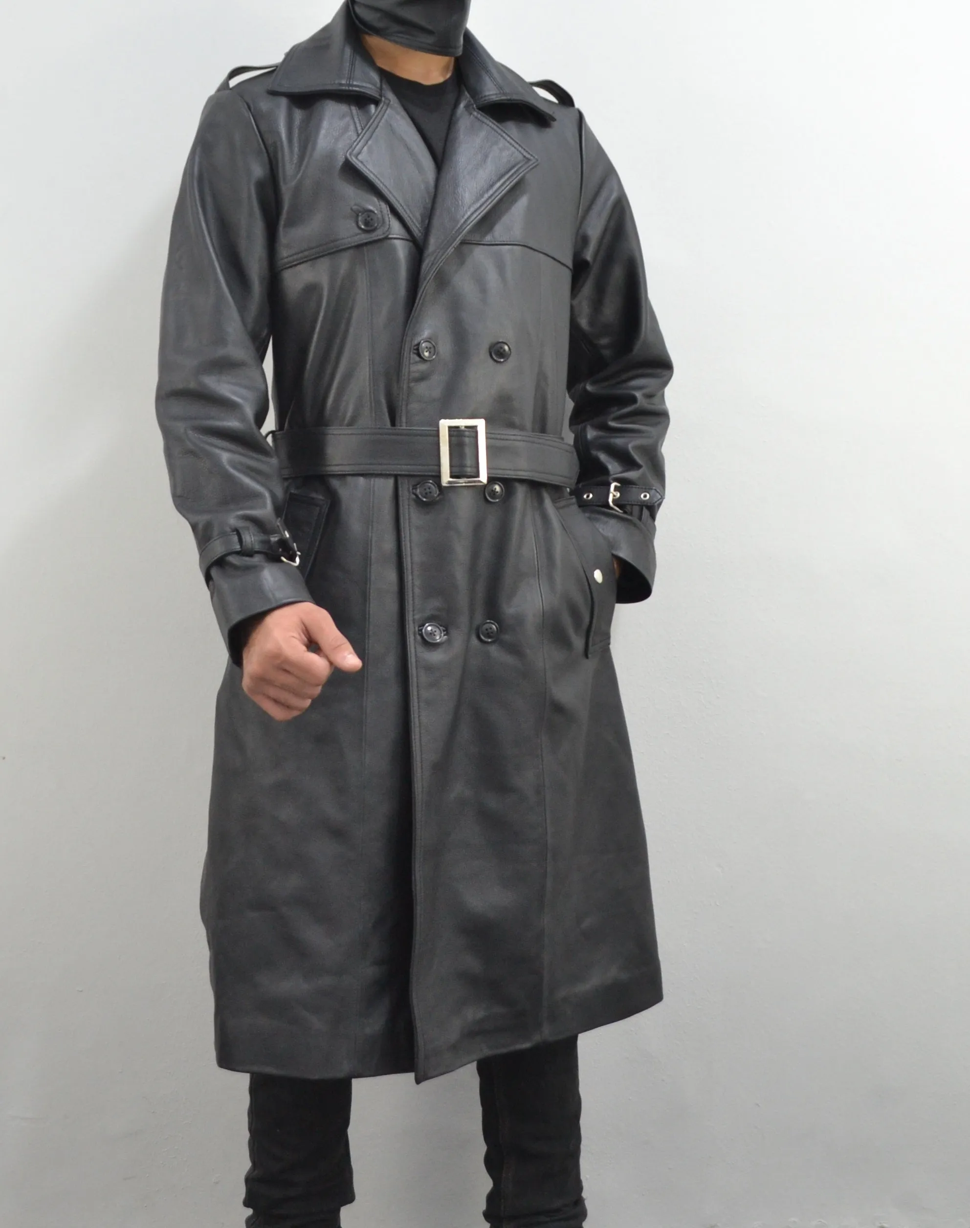 Men's Classic Belted Single Breasted Black Genuine Leather Trench Coat