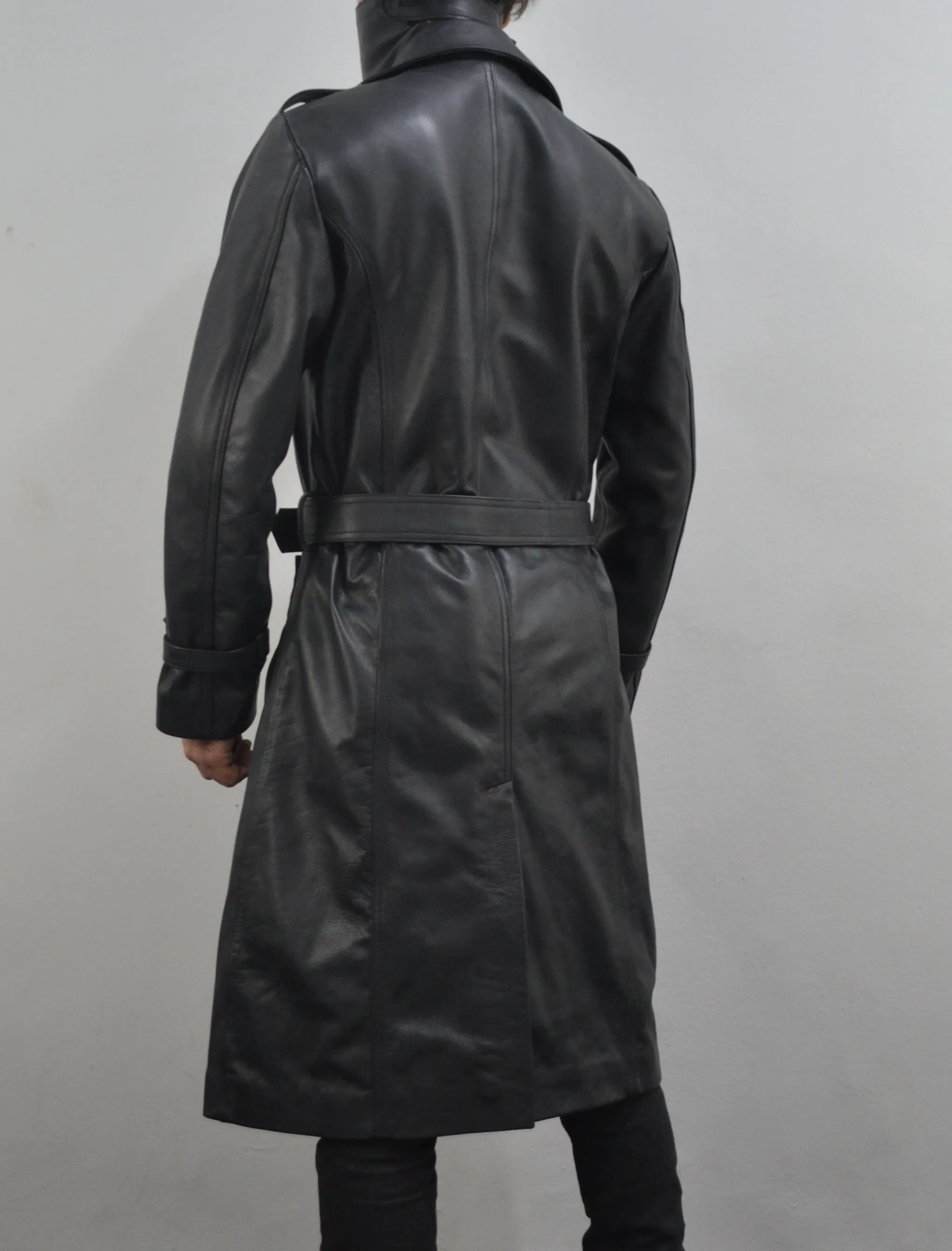 Men's Classic Belted Single Breasted Black Genuine Leather Trench Coat