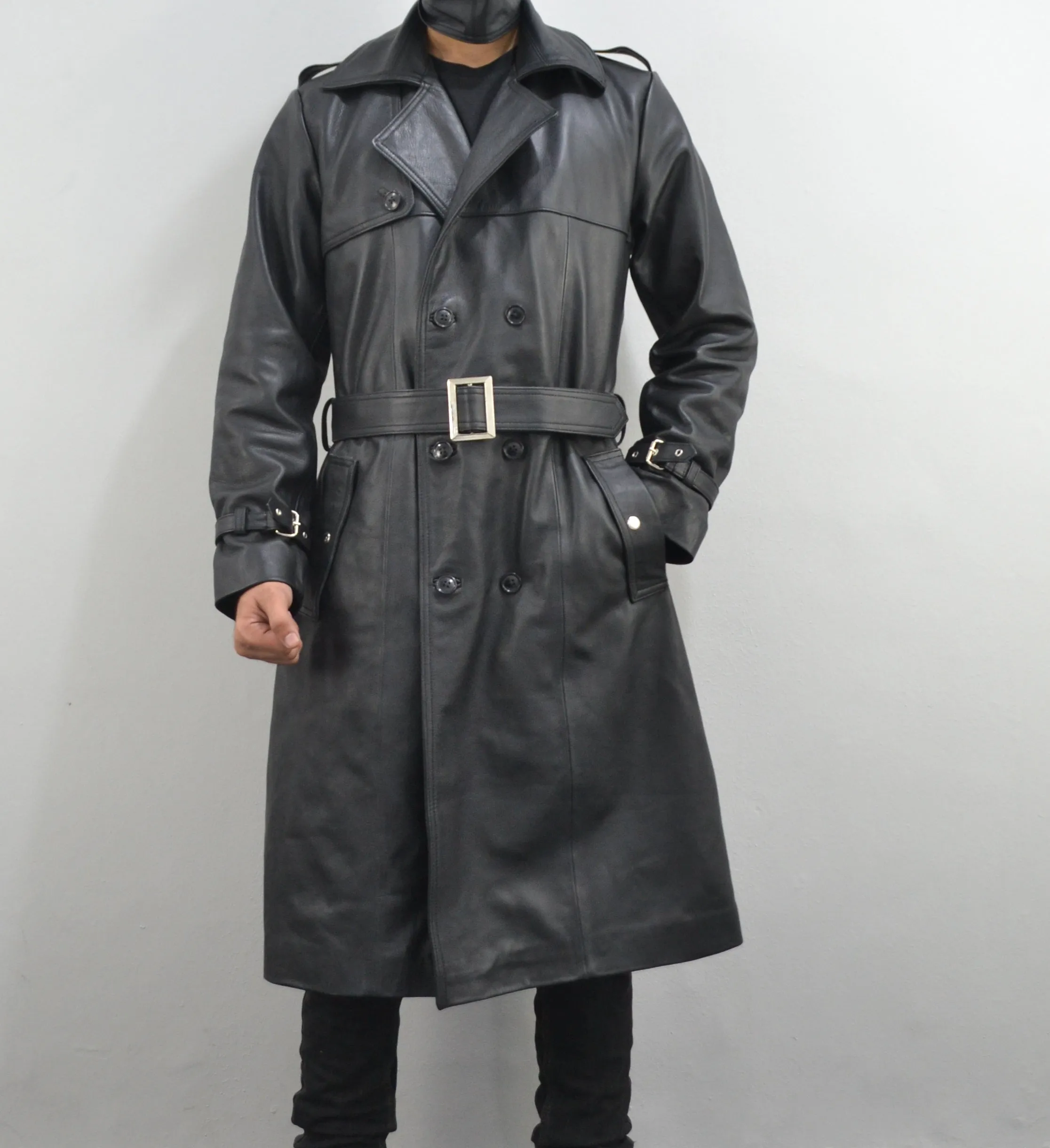 Men's Classic Belted Single Breasted Black Genuine Leather Trench Coat