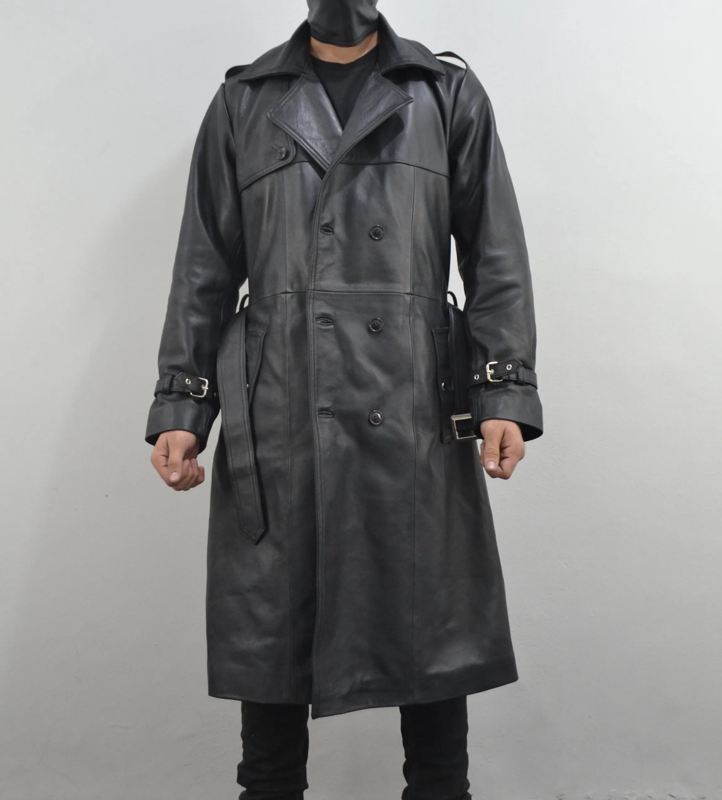 Men's Classic Belted Single Breasted Black Genuine Leather Trench Coat