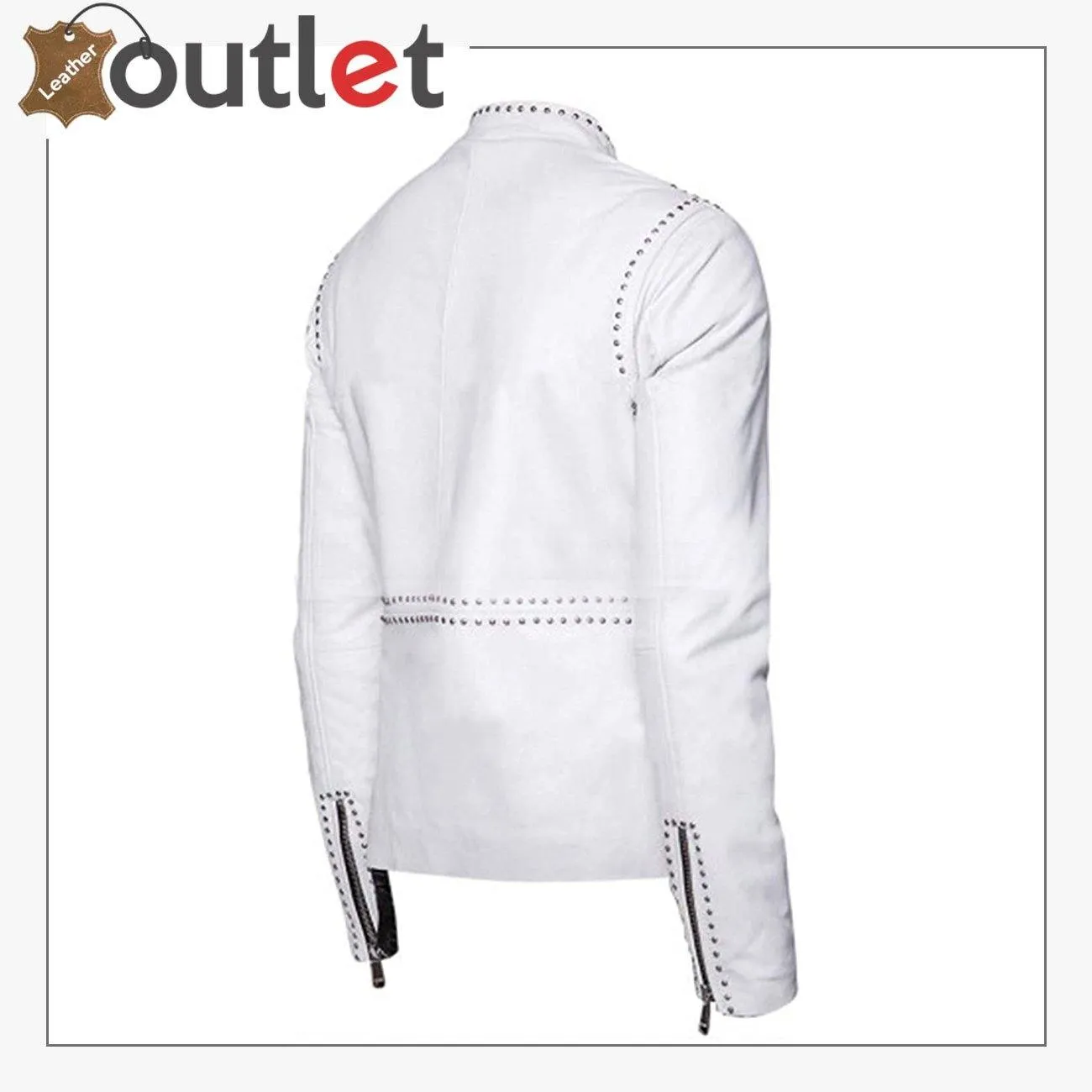 Mens Classic Brando Motorcycle Silver Studded White Geniune Leather Jacket