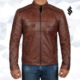 Mens Cognac Brown Motorcycle Distressed Leather Jacket