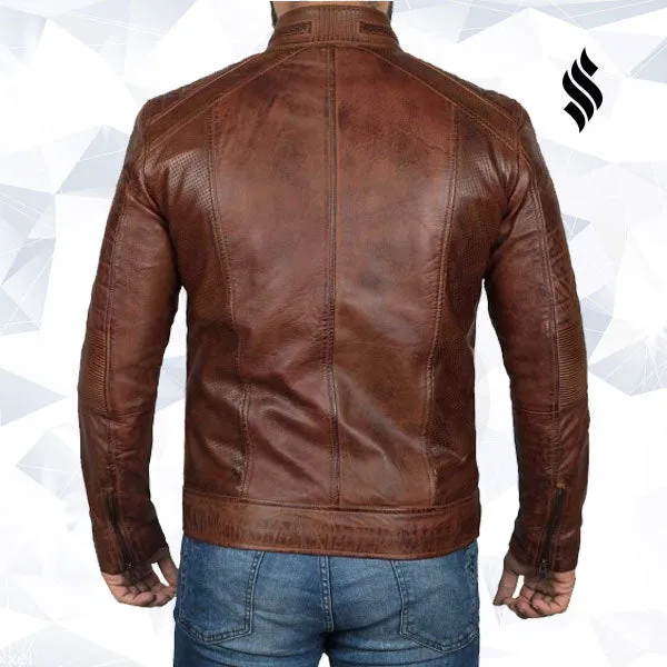 Mens Cognac Brown Motorcycle Distressed Leather Jacket