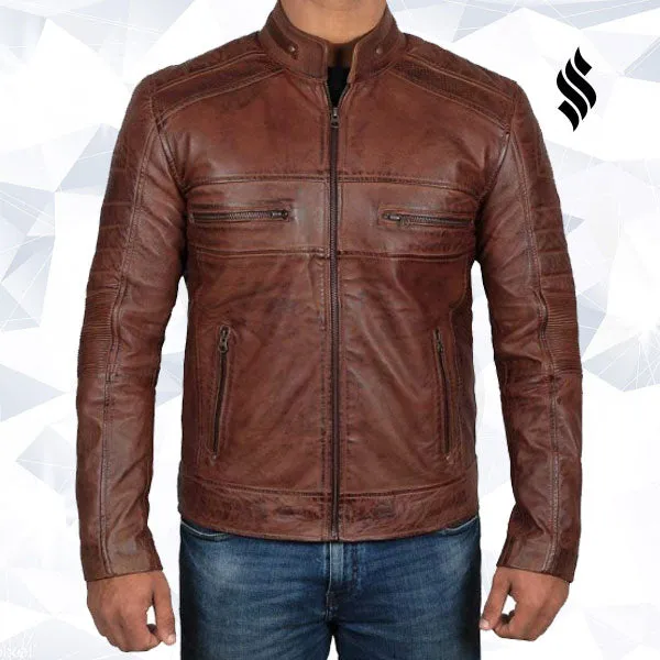 Mens Cognac Brown Motorcycle Distressed Leather Jacket