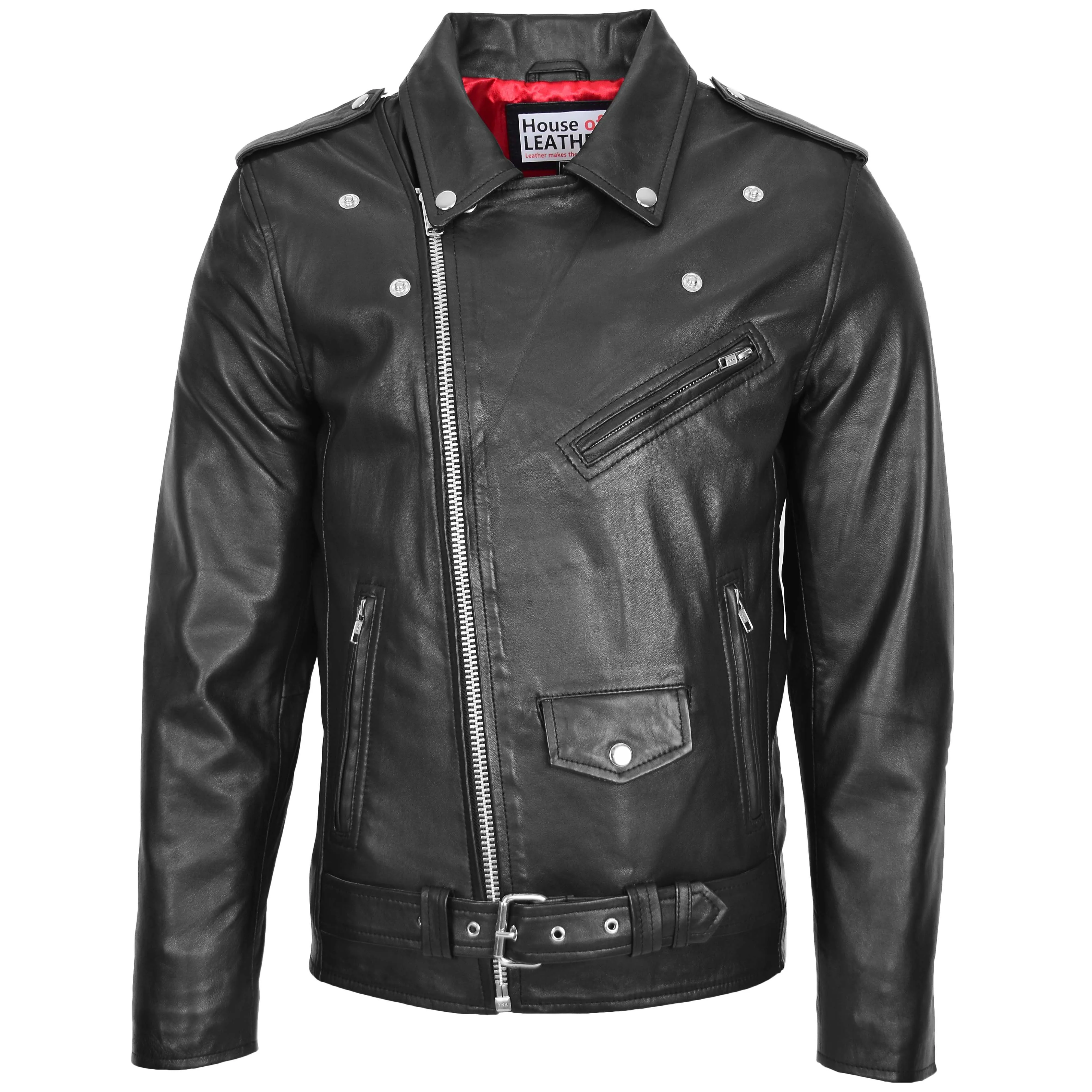 Mens Leather Biker Jacket Brando Style Johnny Black