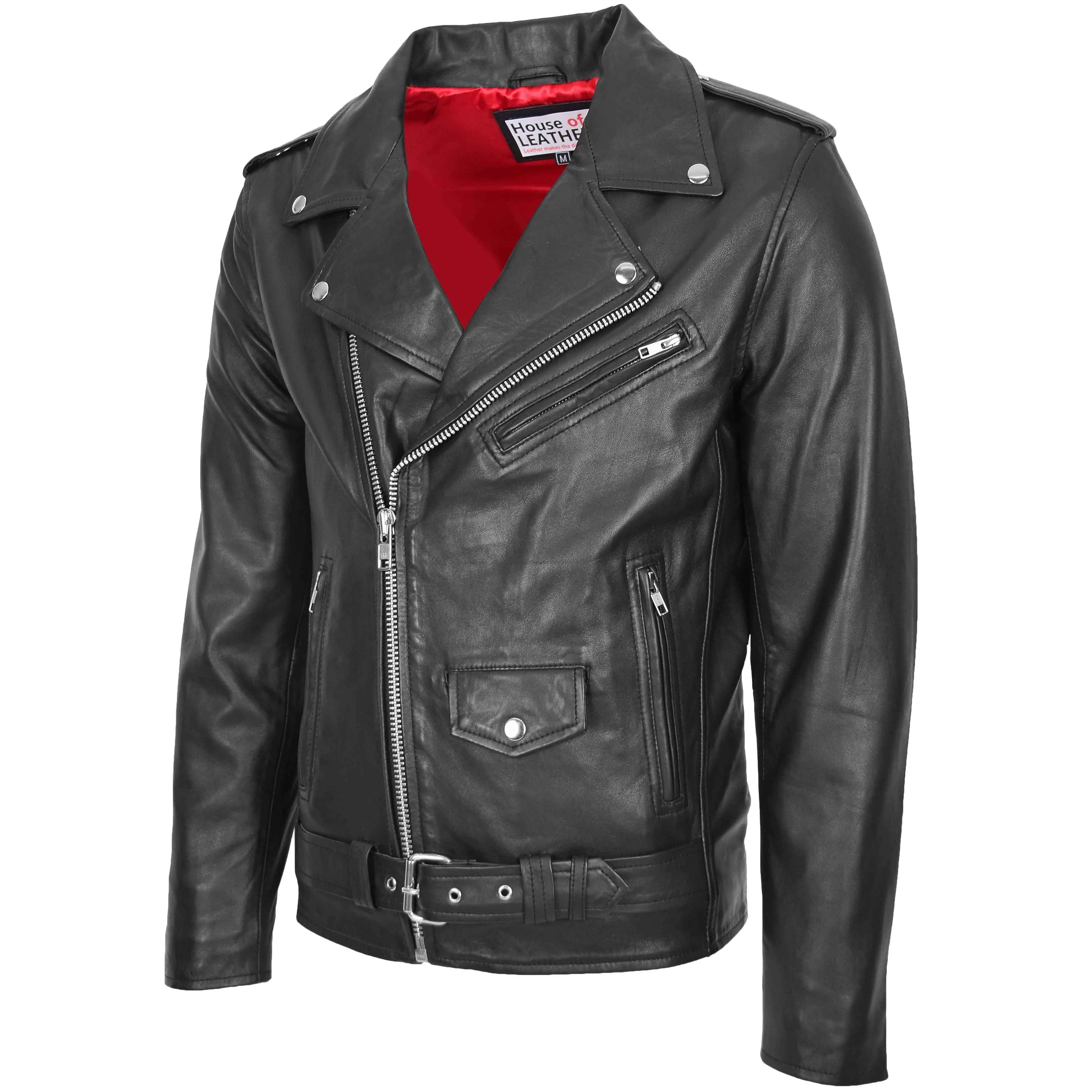 Mens Leather Biker Jacket Brando Style Johnny Black