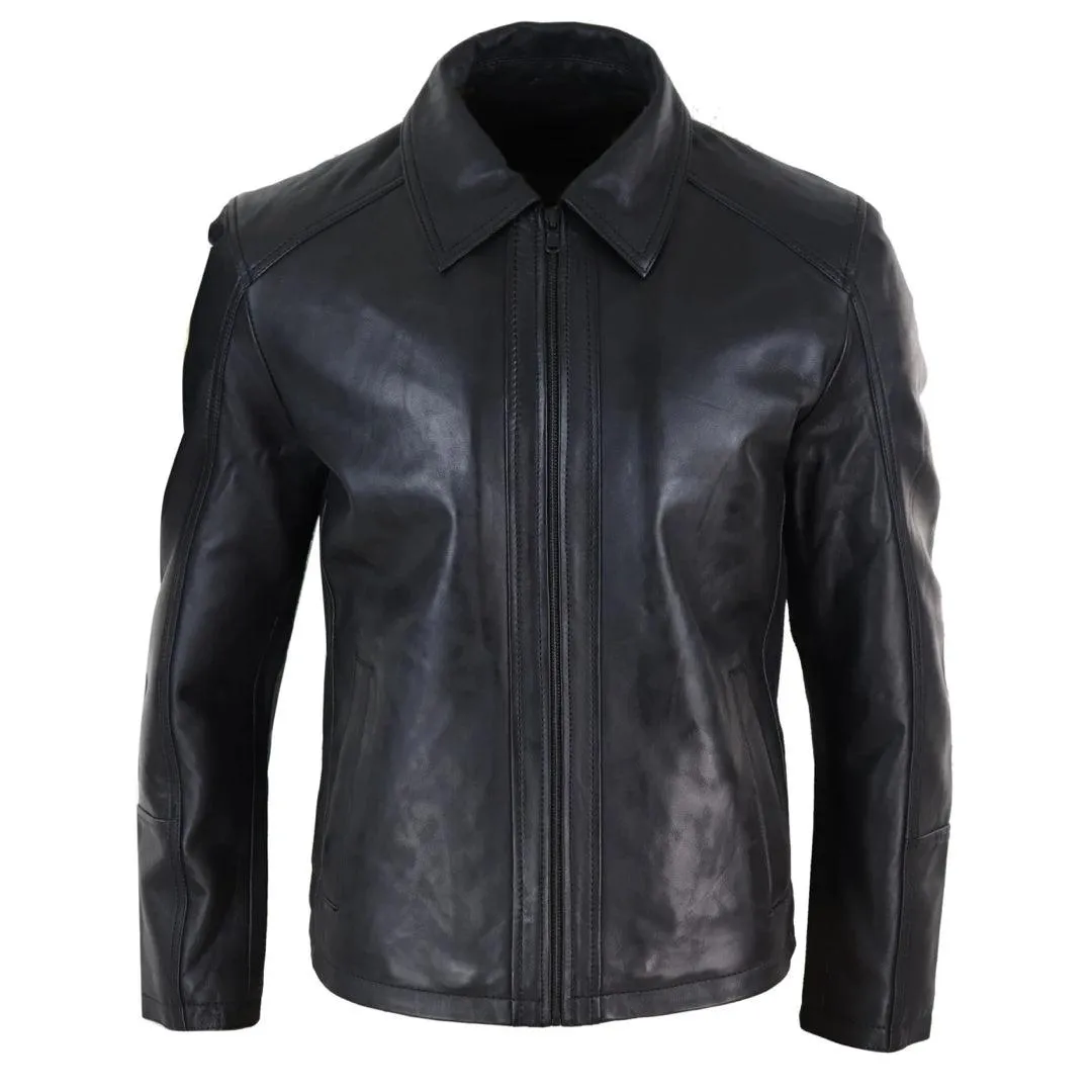 Mens Real Leather Jacket Black Tan Zipped Driving Classic Smart Casual Soft Napa