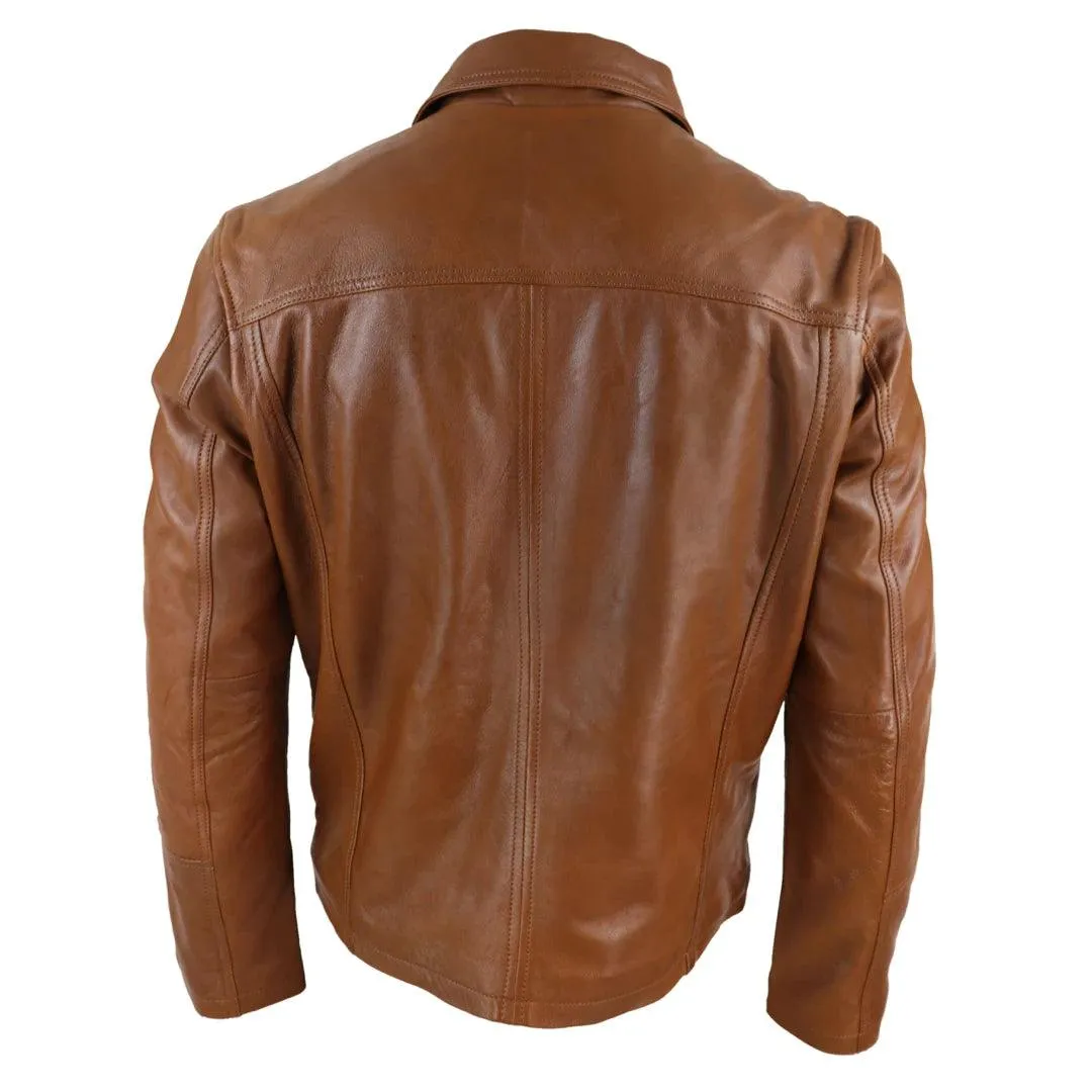 Mens Real Leather Jacket Black Tan Zipped Driving Classic Smart Casual Soft Napa