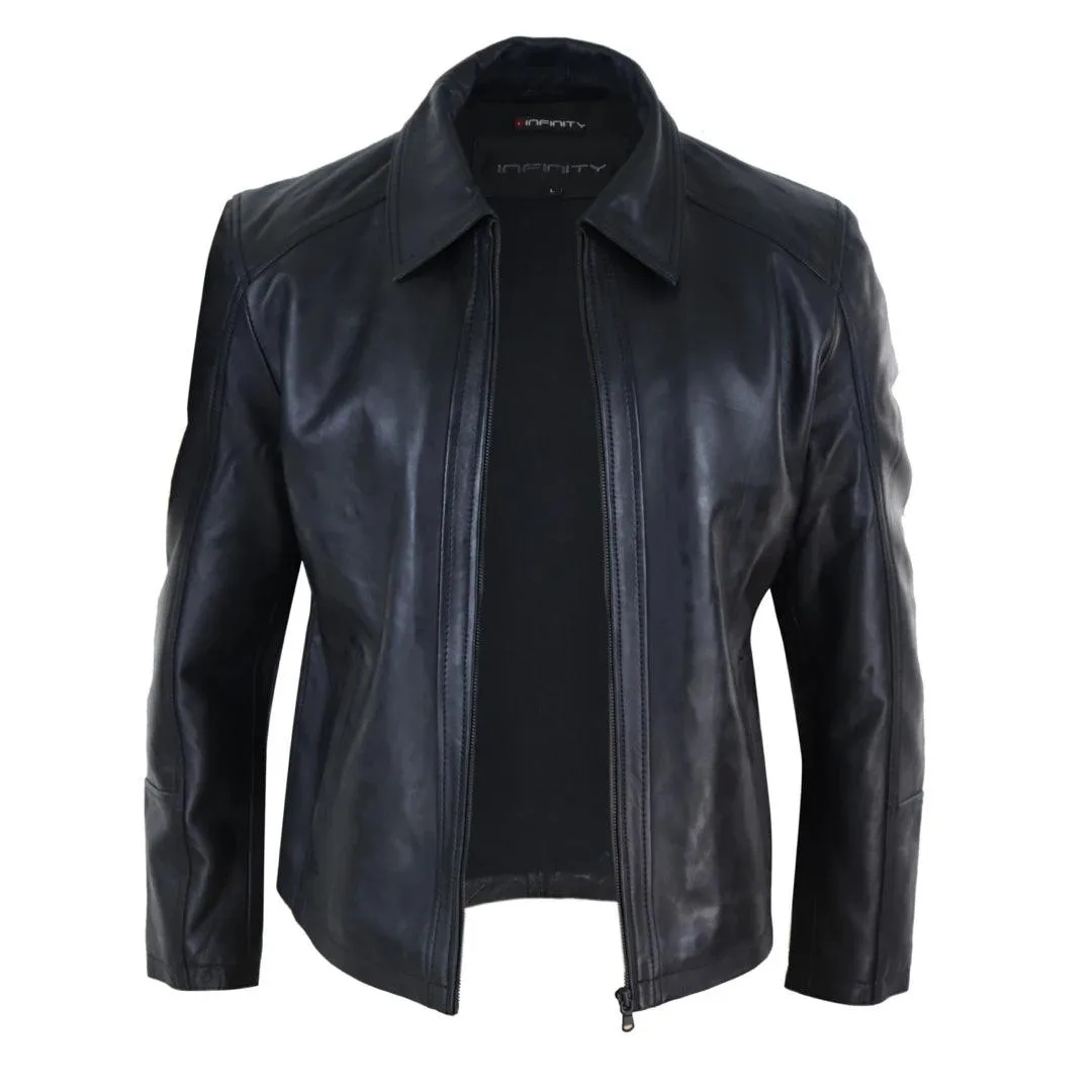 Mens Real Leather Jacket Black Tan Zipped Driving Classic Smart Casual Soft Napa