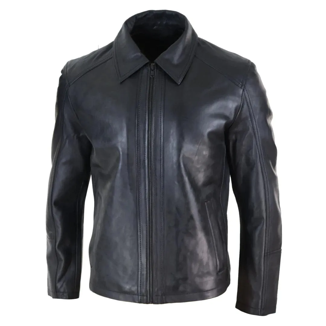 Mens Real Leather Jacket Black Tan Zipped Driving Classic Smart Casual Soft Napa