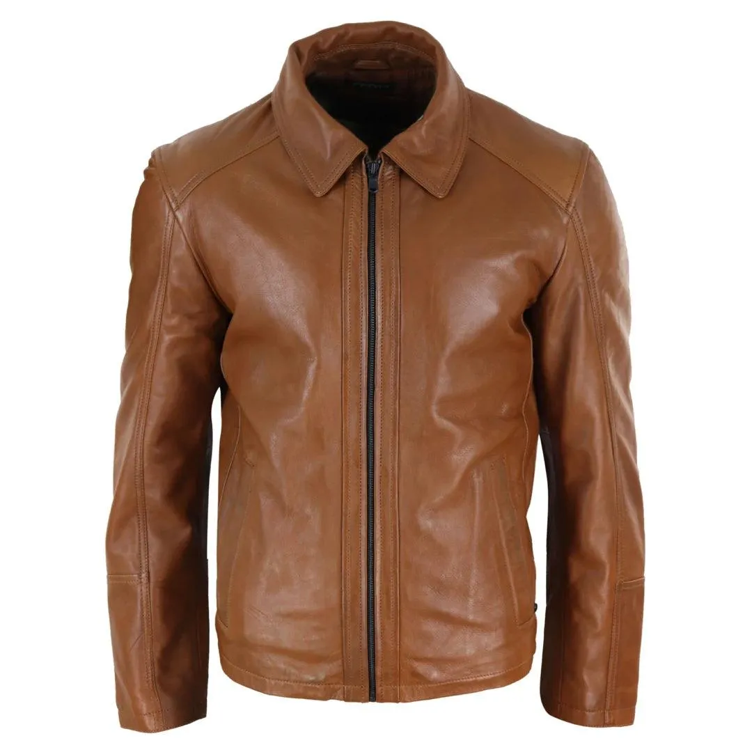 Mens Real Leather Jacket Black Tan Zipped Driving Classic Smart Casual Soft Napa