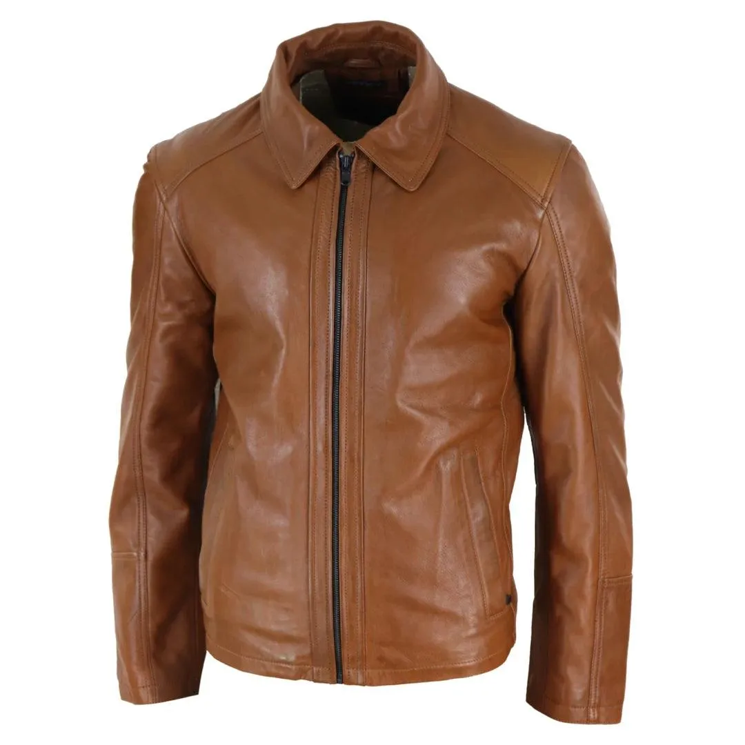 Mens Real Leather Jacket Black Tan Zipped Driving Classic Smart Casual Soft Napa