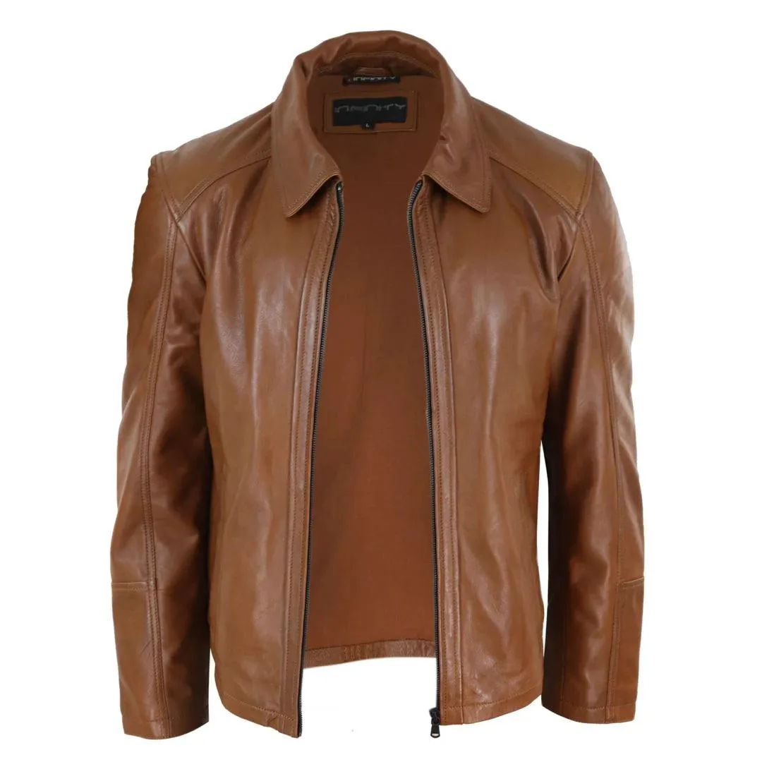 Mens Real Leather Jacket Black Tan Zipped Driving Classic Smart Casual Soft Napa