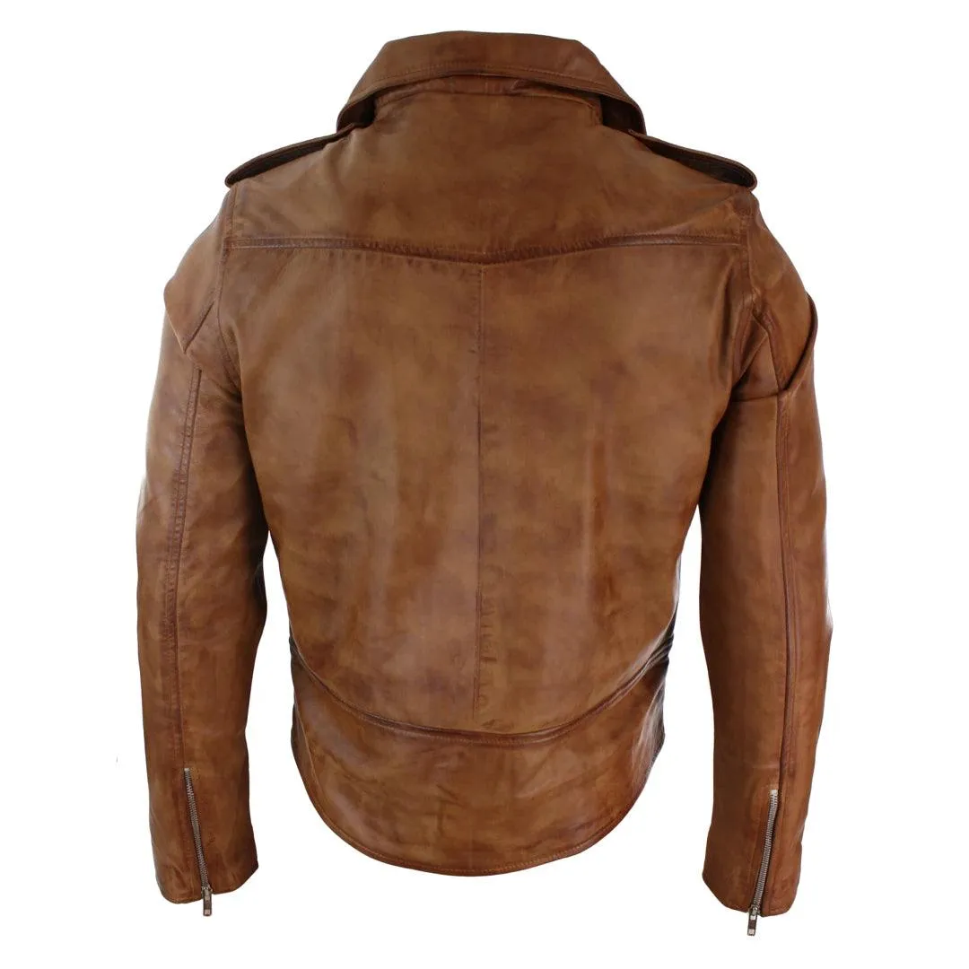 Mens Slim Fit Cross Zip Tan Brown Brando Casual Soft Real Leather Jacket