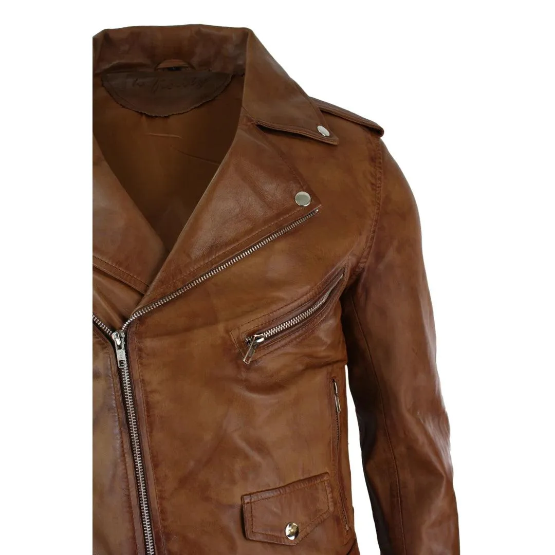 Mens Slim Fit Cross Zip Tan Brown Brando Casual Soft Real Leather Jacket