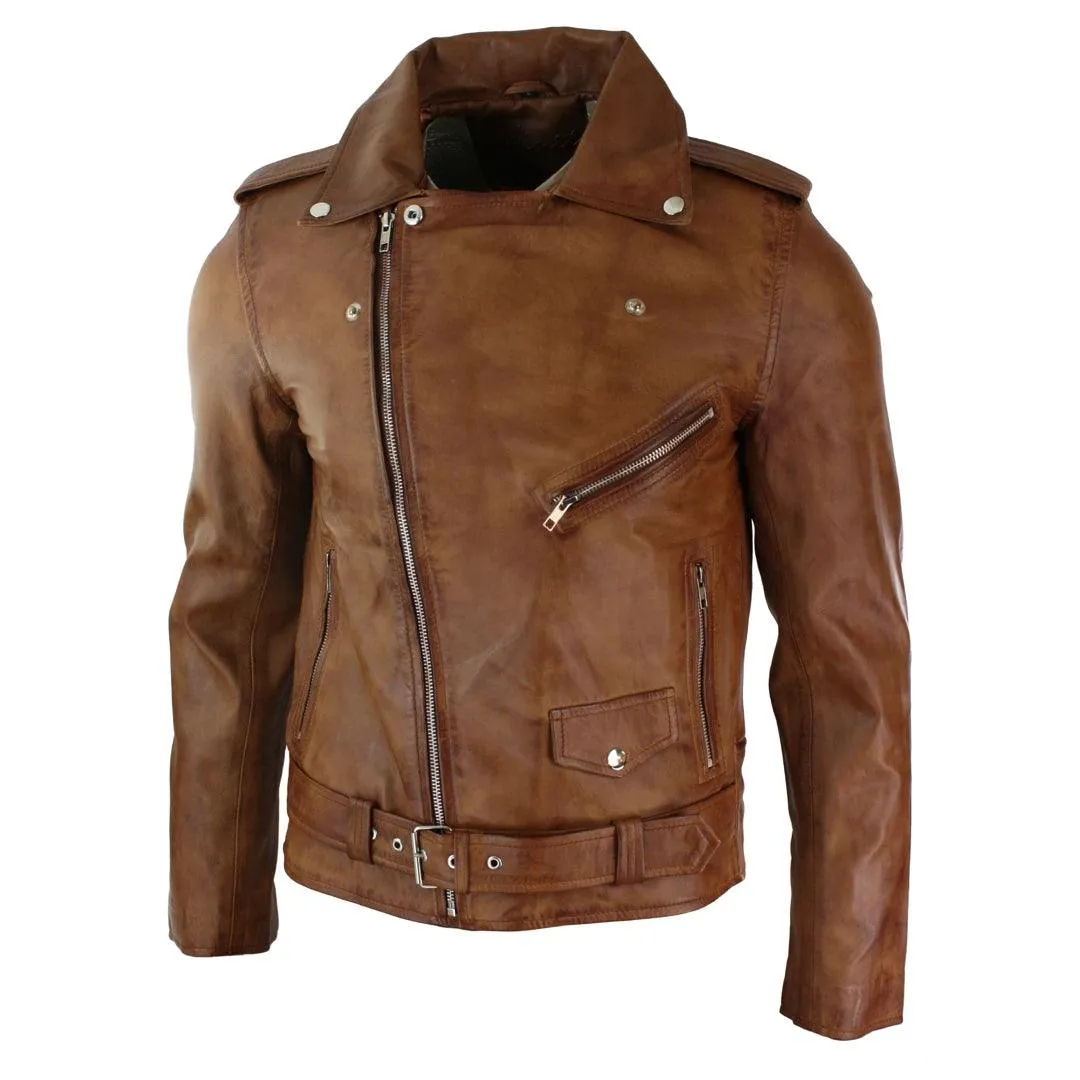 Mens Slim Fit Cross Zip Tan Brown Brando Casual Soft Real Leather Jacket