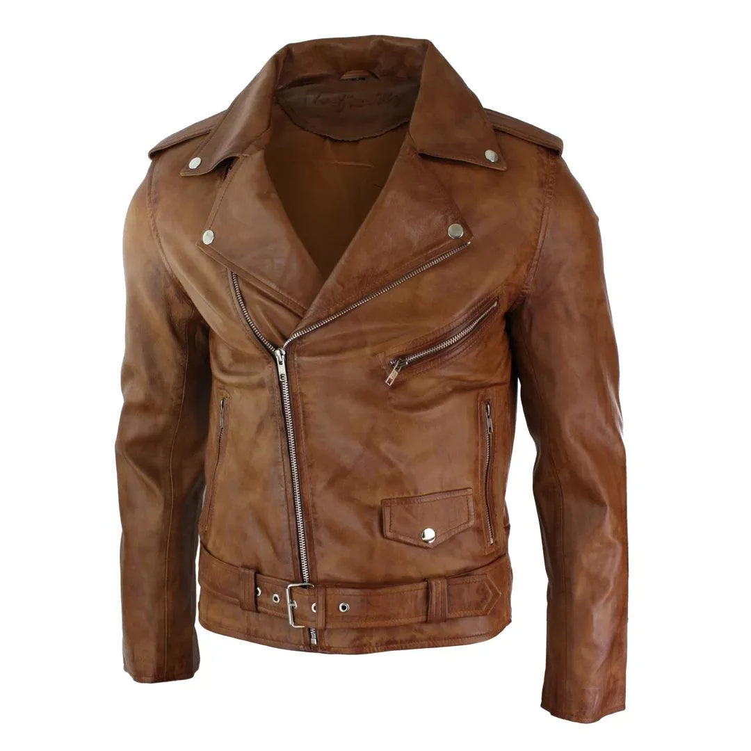 Mens Slim Fit Cross Zip Tan Brown Brando Casual Soft Real Leather Jacket