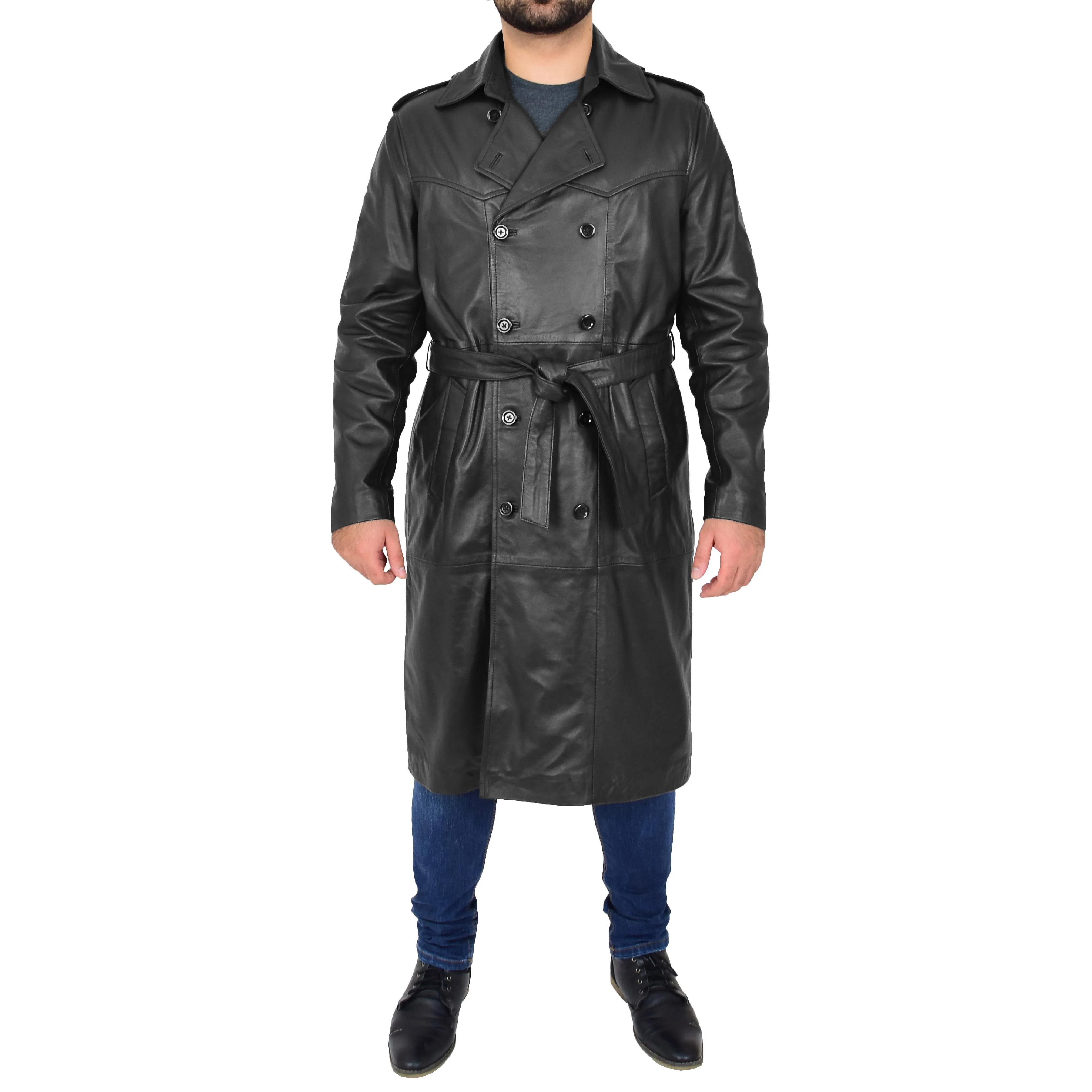 Mens Trench Leather Coat 3/4 Long Black Reefer Overcoat Sherlock