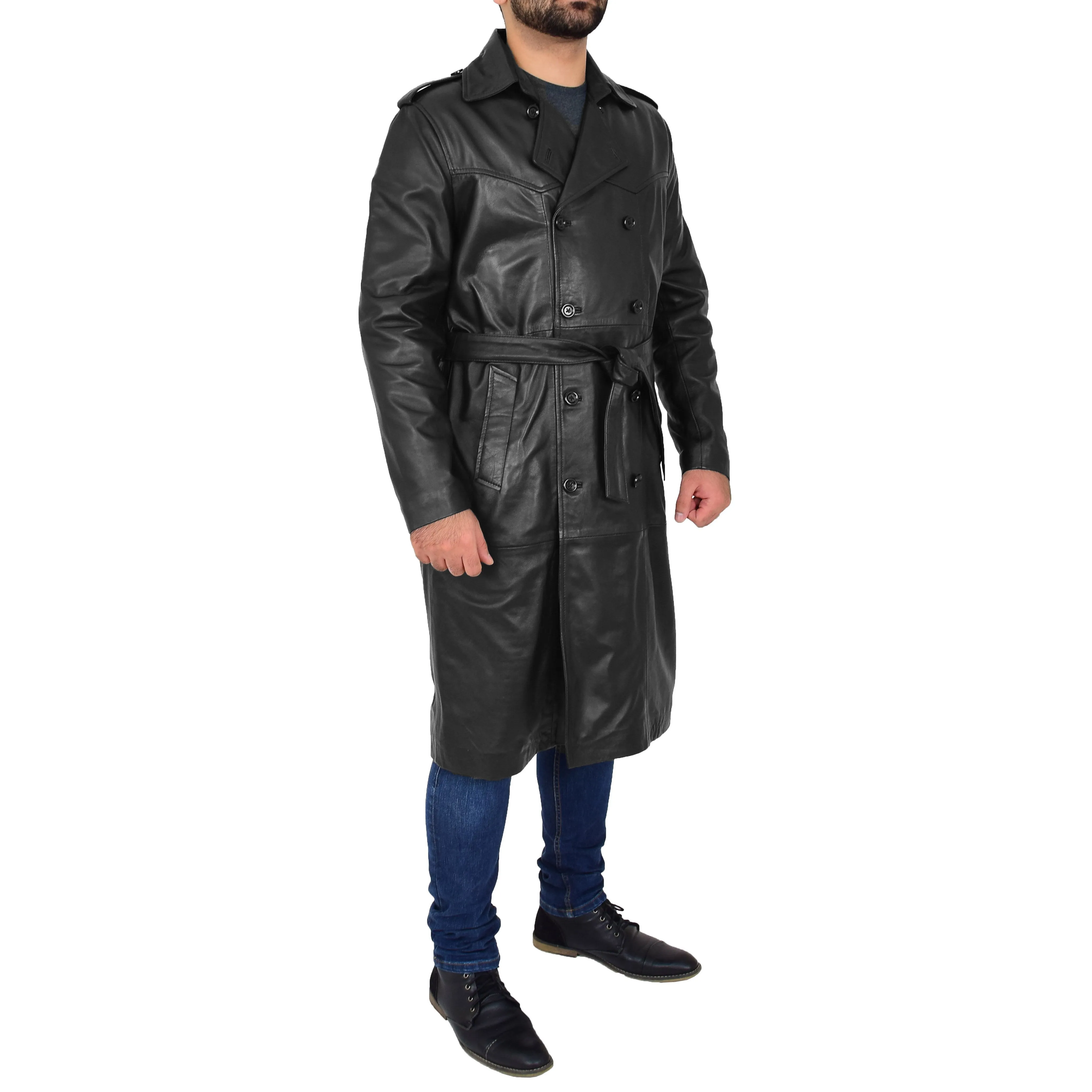 Mens Trench Leather Coat 3/4 Long Black Reefer Overcoat Sherlock