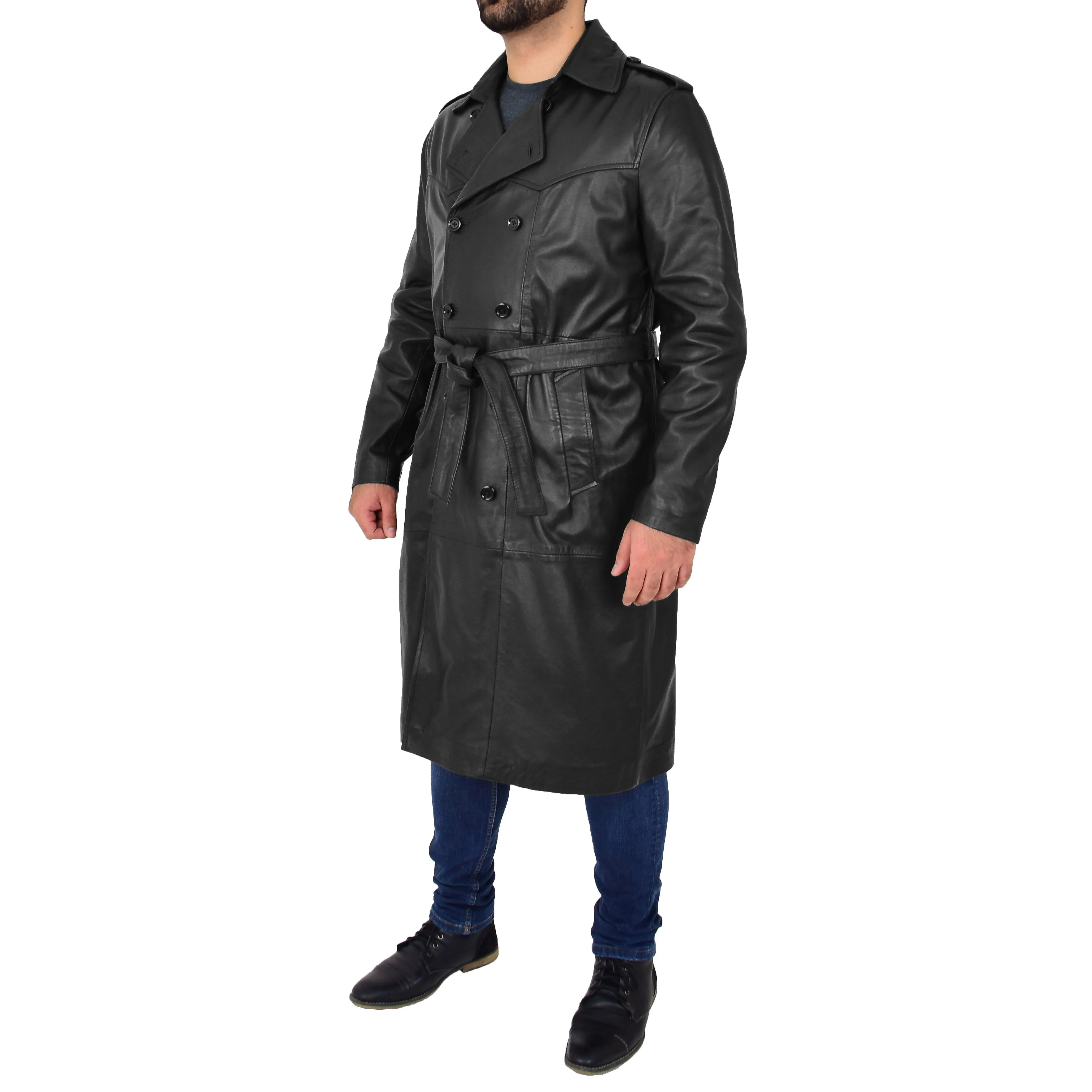 Mens Trench Leather Coat 3/4 Long Black Reefer Overcoat Sherlock